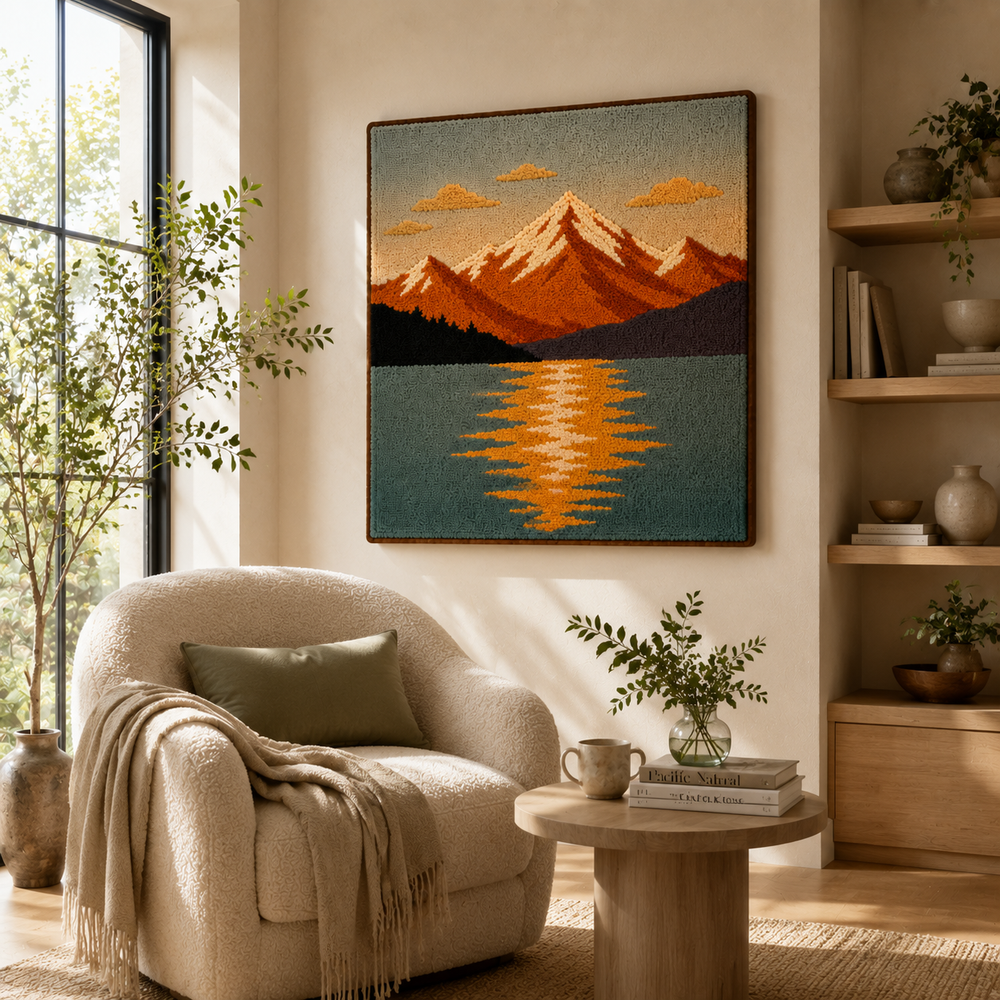 Hewn Earth Alpine Reflection HE-0210 wall art featuring abstract mountain and landscape design in earthy tones.