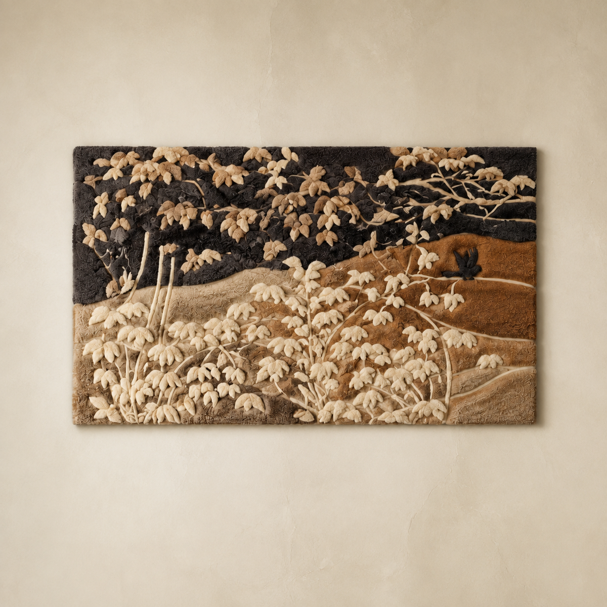 Hewn Earth Bird in Branches wall art featuring a detailed illustration of a bird perched on tree branches.