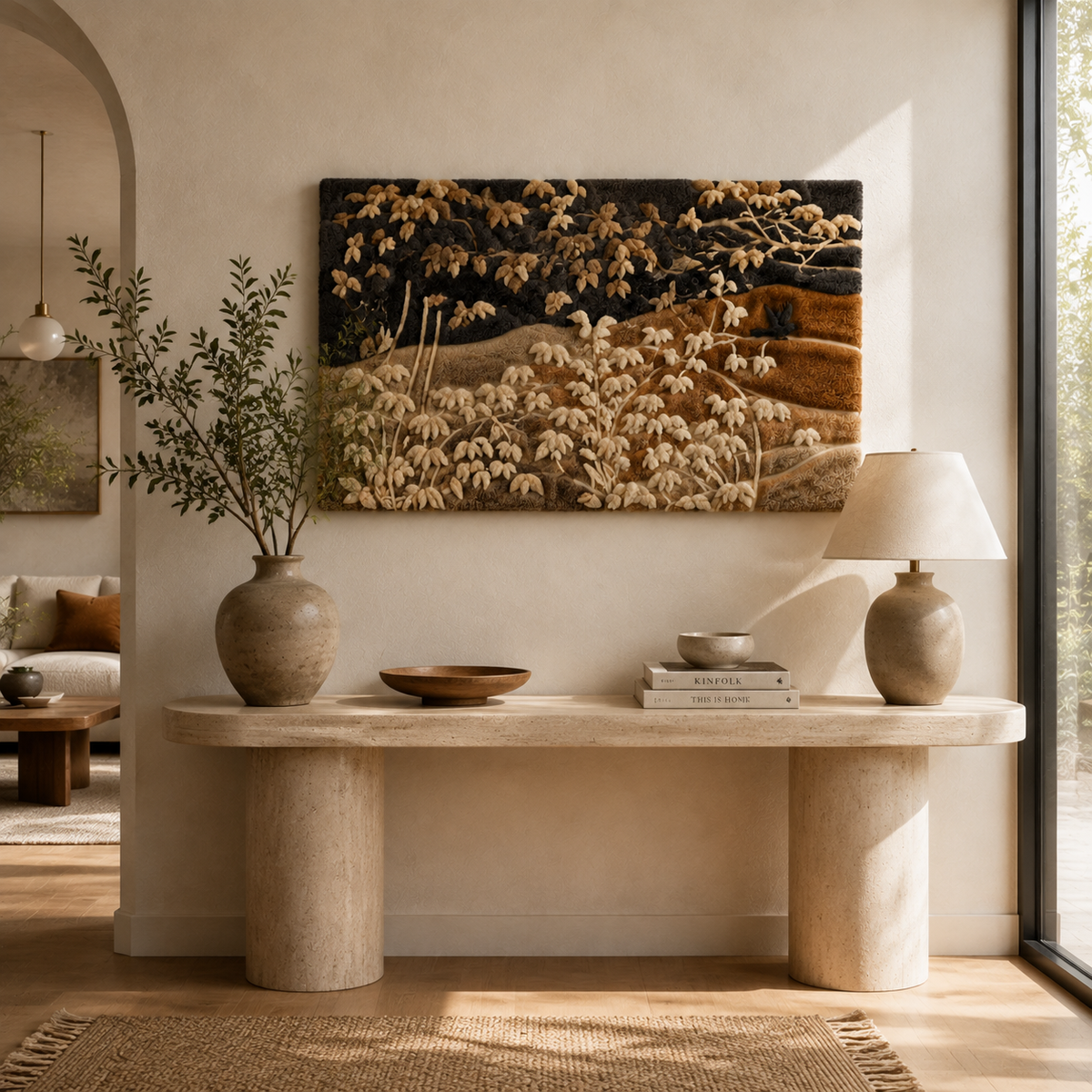 Hewn Earth Bird in Branches wall art, featuring a detailed illustration of a bird perched on tree branches.