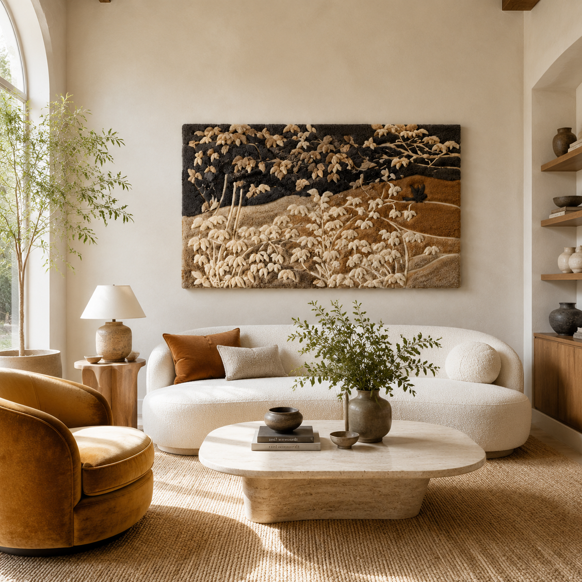 Hewn Earth wall art featuring a bird perched on branches, detailed illustration in natural tones, suitable for home decor.