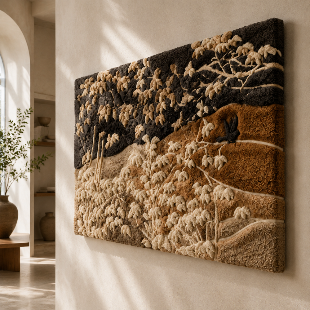 Hewn Earth wall art featuring a bird perched on branches, detailed nature-inspired design for home decor.