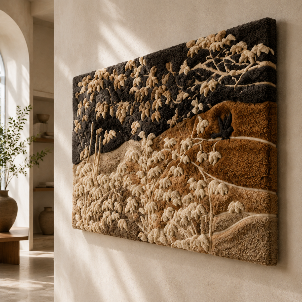 Hewn Earth wall art featuring a bird perched on branches, detailed nature-inspired design for home decor.