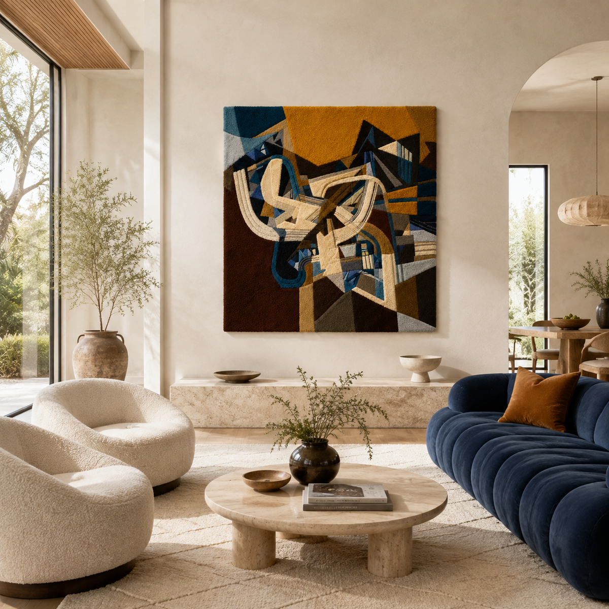 Hewn Earth Cubist Swan wall art, abstract geometric design in neutral tones, suitable for modern home decor.
