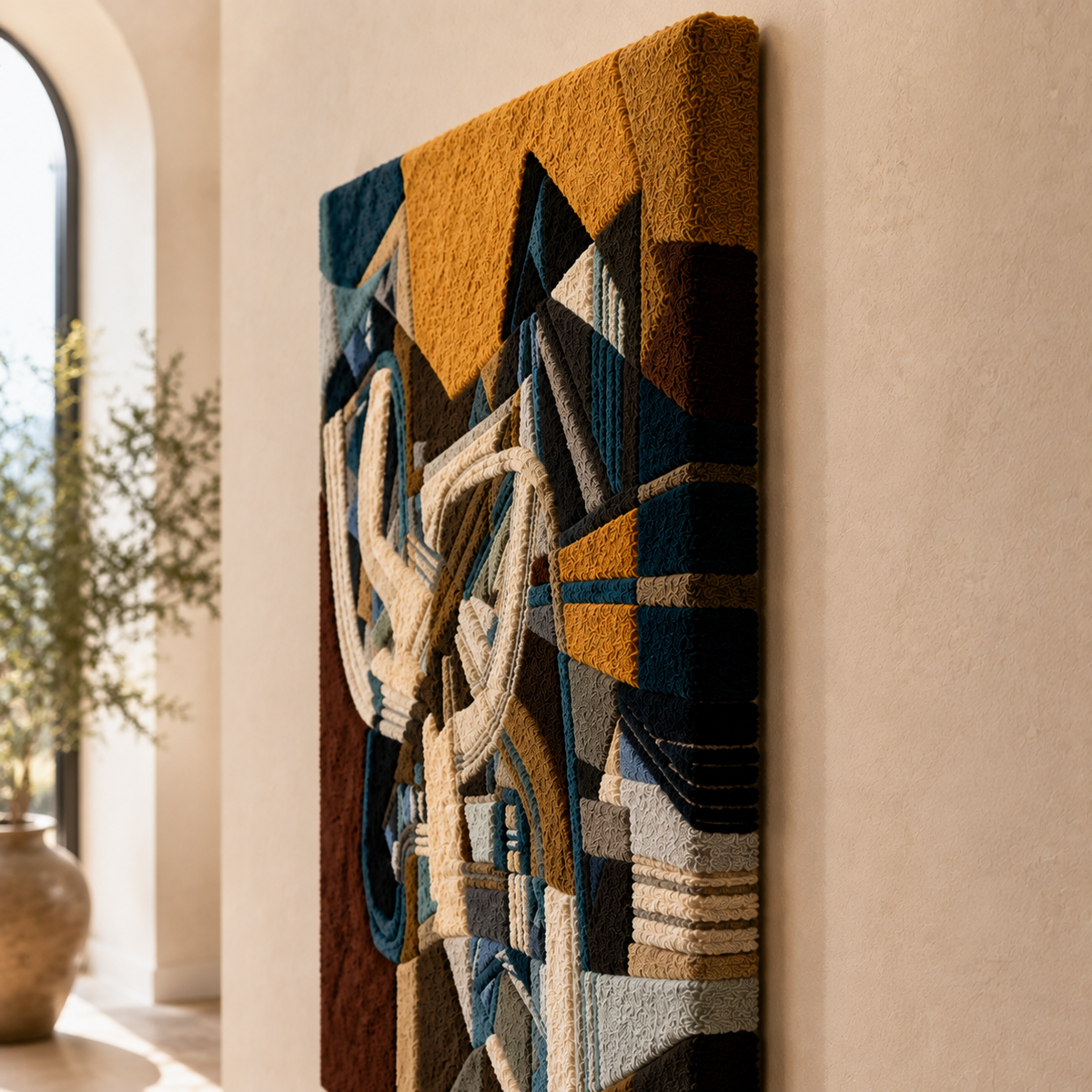 Hewn Earth Cubist Swan wall art, modern abstract design in neutral tones, wall decor for contemporary interior spaces.
