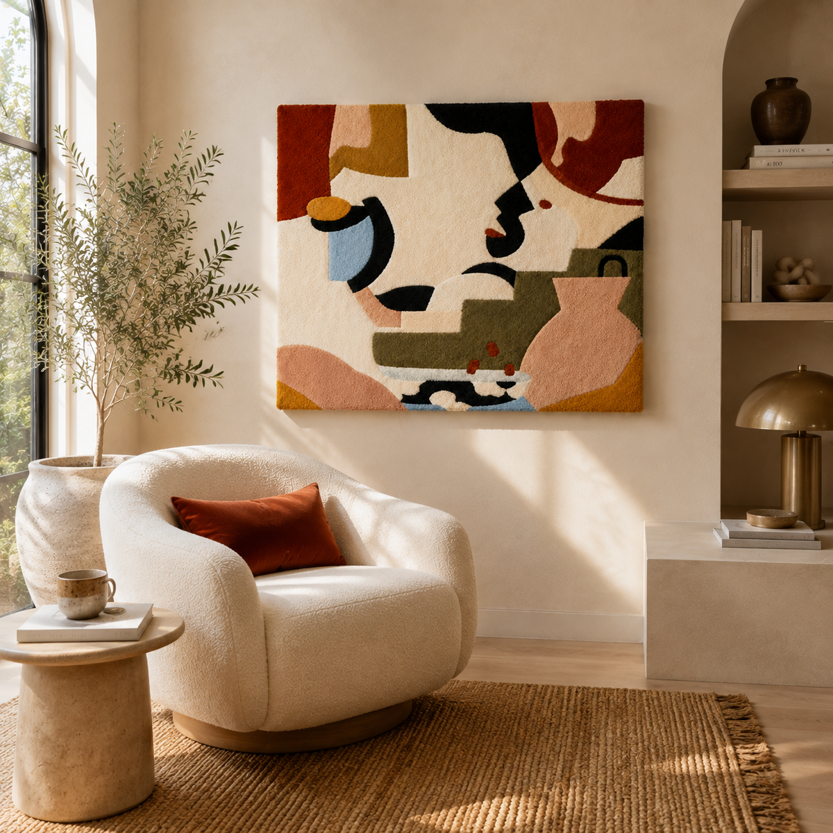Hewn Earth Rose Still Life Cubist wall art featuring a vibrant, geometric rose design on a textured canvas.
