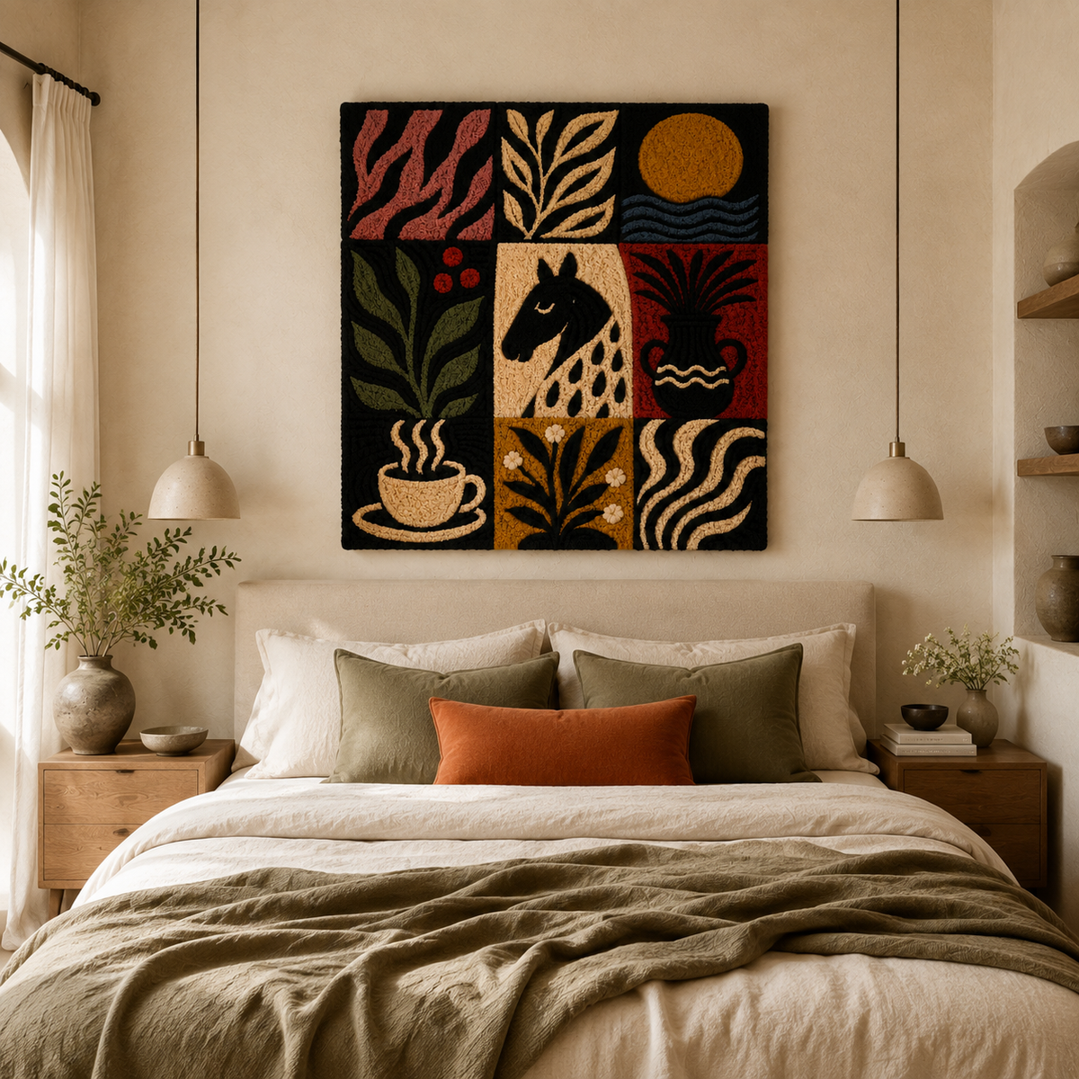 Hewn Earth Folk Grid Nine wall art featuring a geometric grid design in earthy tones, decorative wall decor for modern interiors.