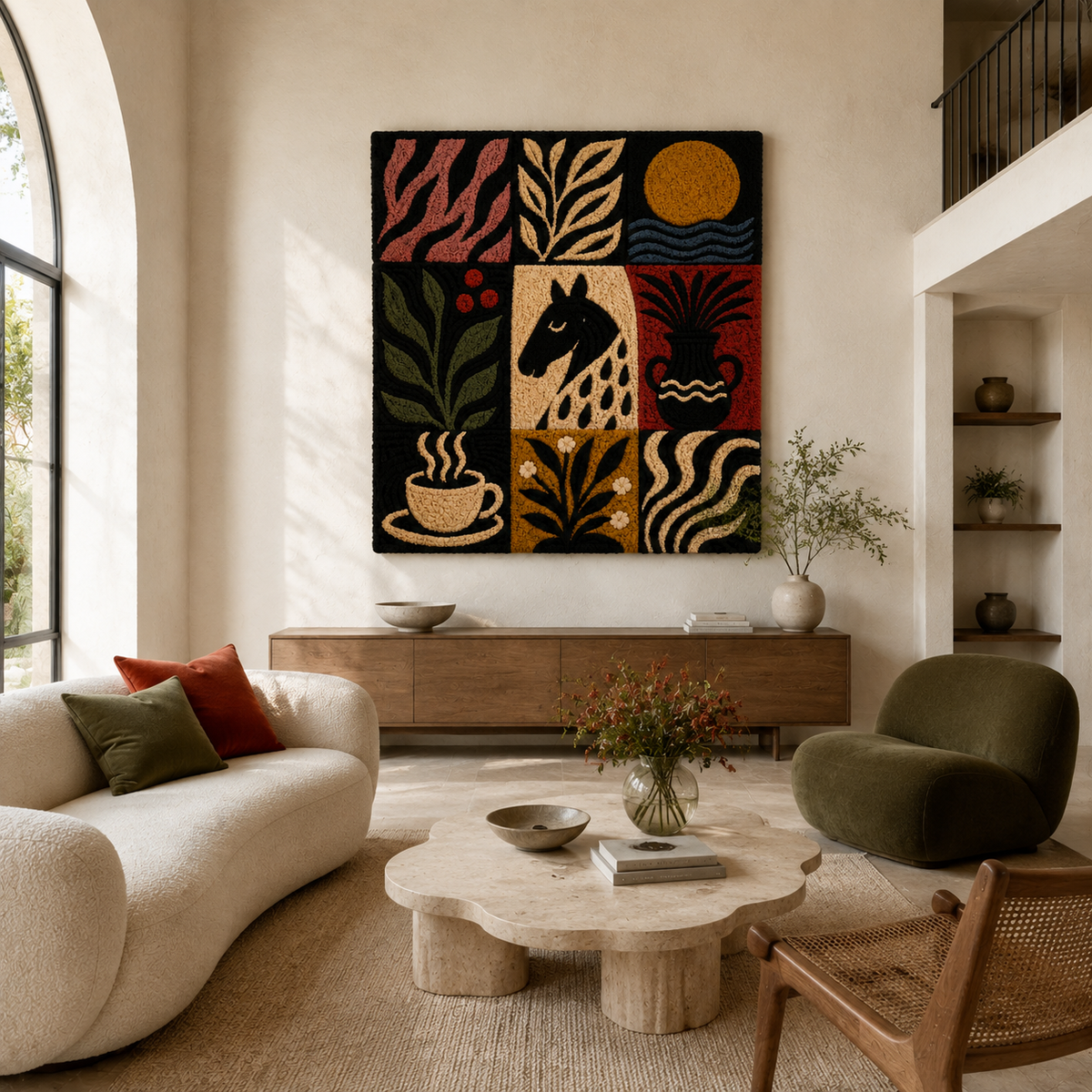 Hewn Earth Folk Grid Nine wall art with geometric wooden grid design on a neutral background.