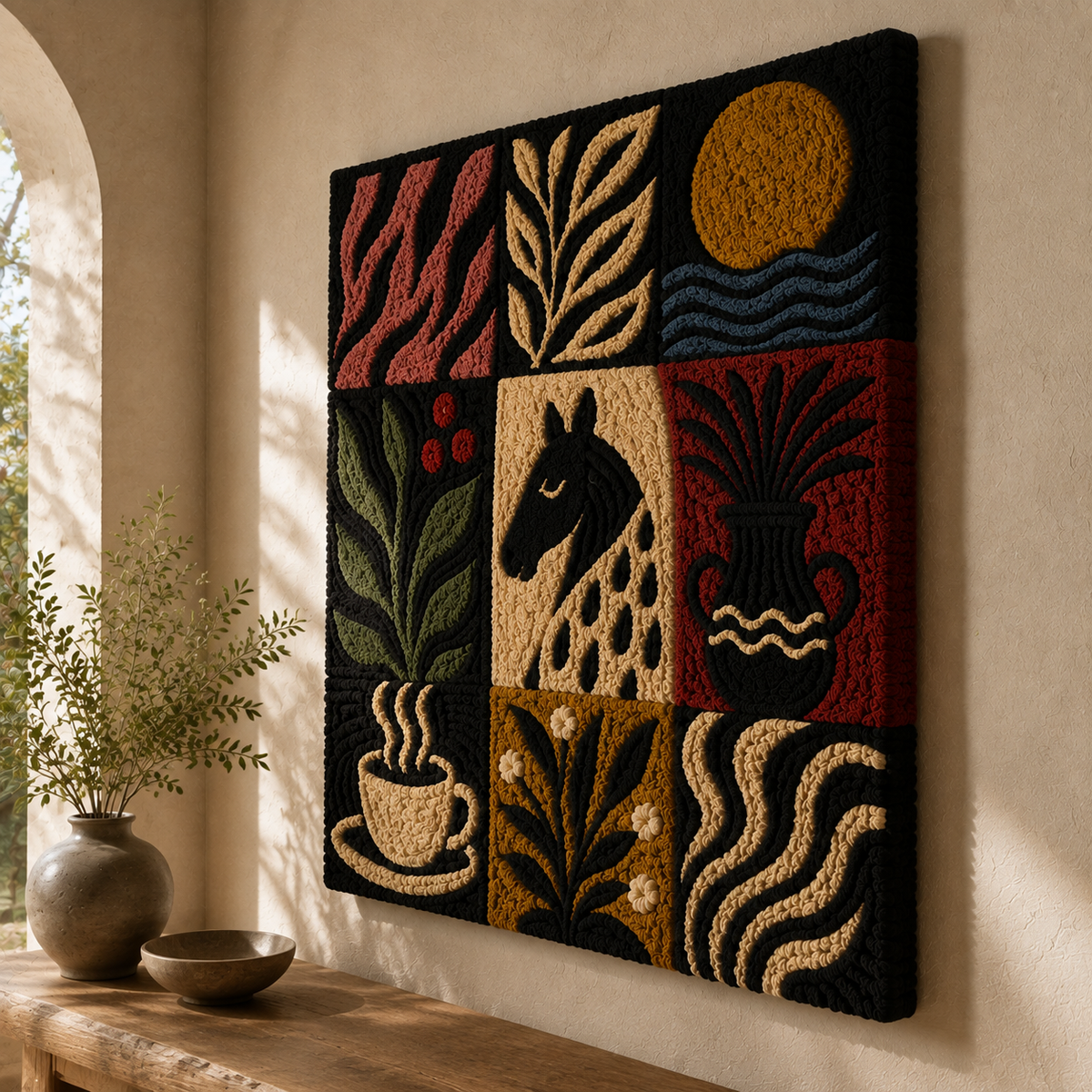 Hewn Earth Folk Grid Nine wall art featuring geometric wooden panels in a modern, decorative wall decor piece.