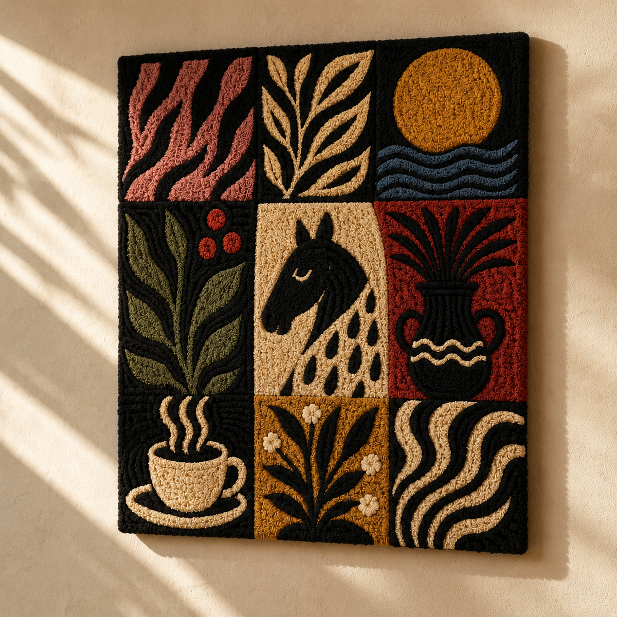 Hewn Earth Folk Grid Nine wall art, geometric design with earthy tones, modern home decor piece.