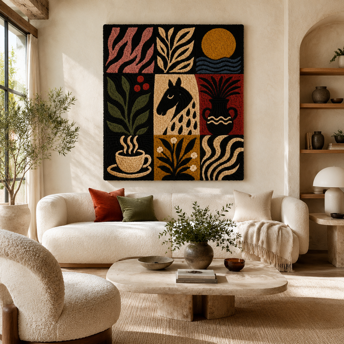 Hewn Earth Folk Grid Nine wall art featuring a modern geometric design in neutral tones on a white background.