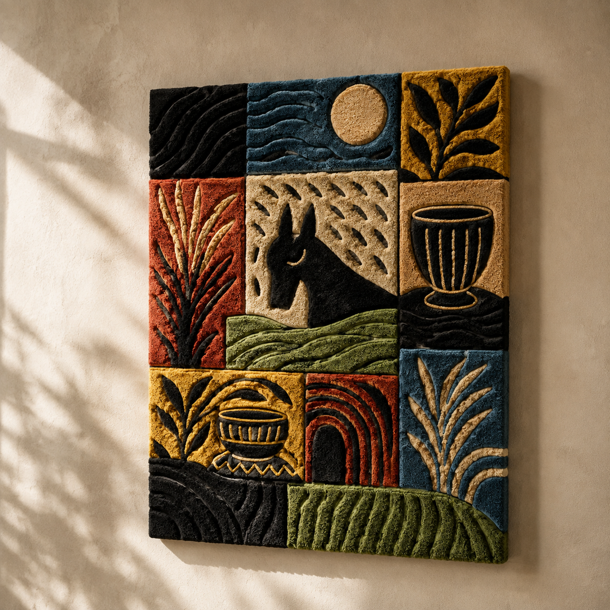 Hewn Earth Folk Grid Landscape wall art featuring a geometric grid design with earthy tones and natural textures.