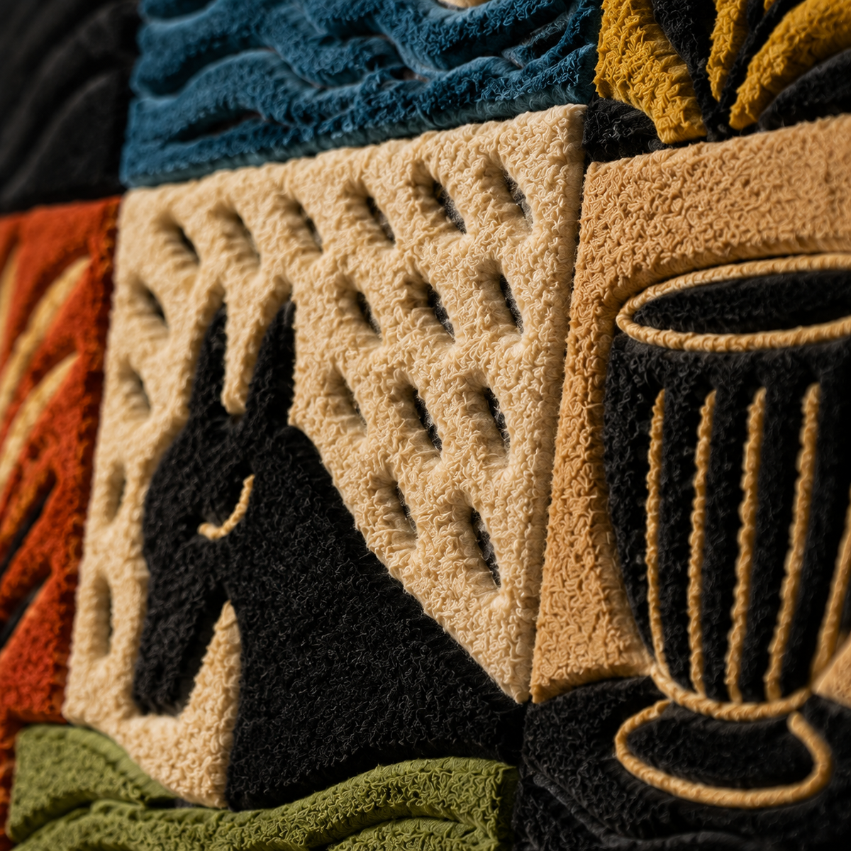 Hewn Earth Folk Grid Landscape wall art featuring a detailed, earthy landscape design on a textured canvas.