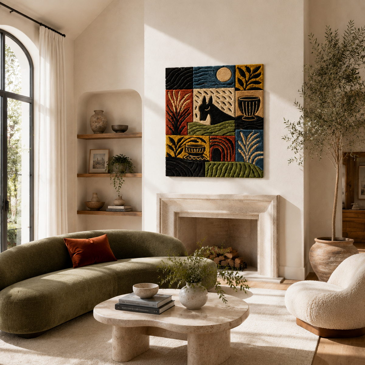 Hewn Earth Folk Grid Landscape wall art featuring a textured, earthy design in neutral tones, suitable for modern interior decor.