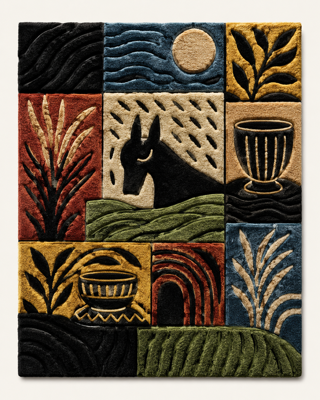 Hewn Earth Folk Grid Landscape wall art featuring a geometric grid pattern in earthy tones, suitable for modern home decor.
