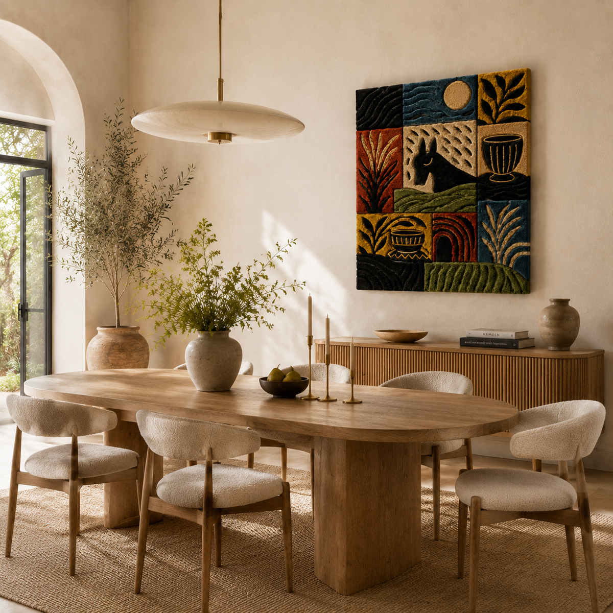 Hewn Earth Folk Grid Landscape wall art featuring a geometric grid design with earthy tones and natural textures.