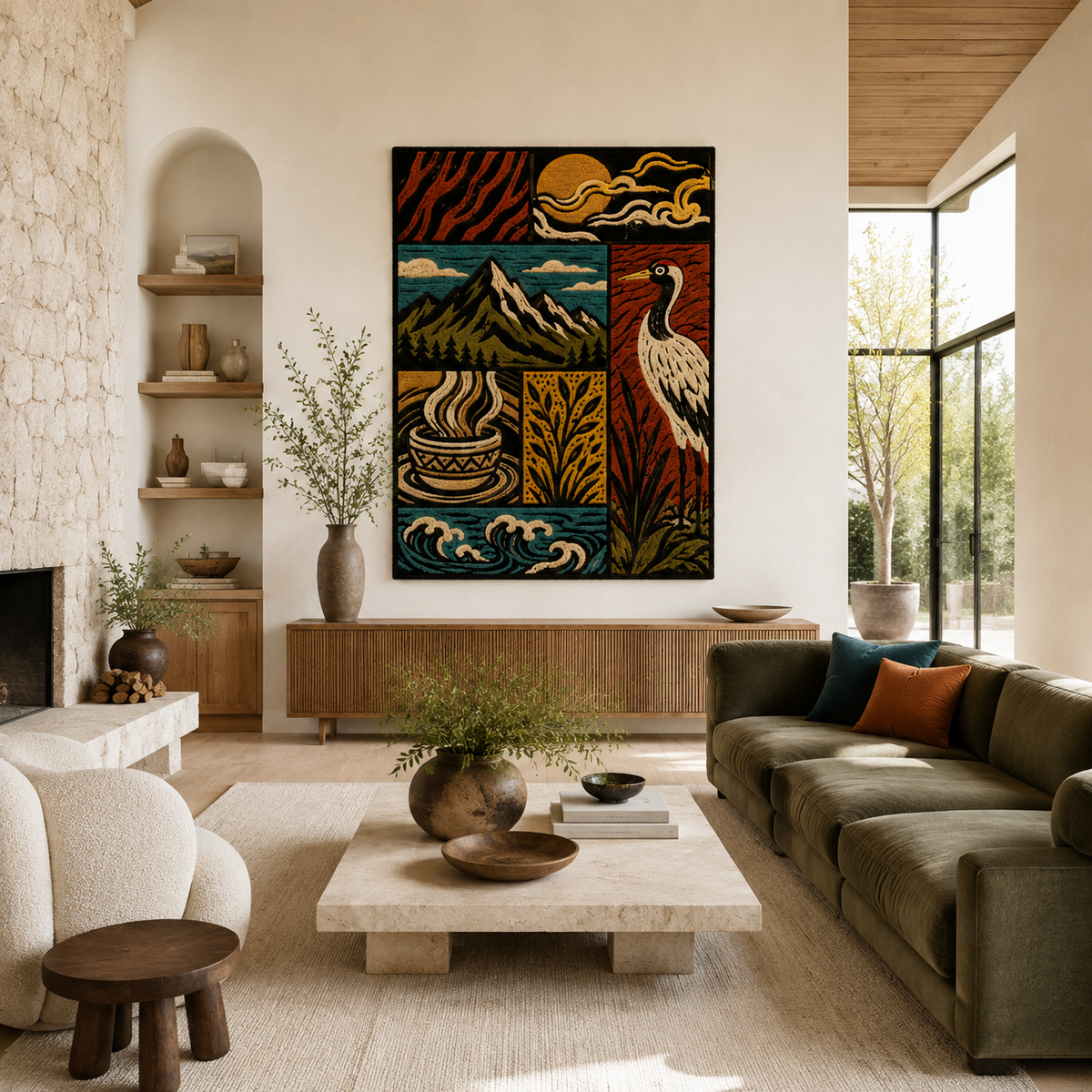 Hewn Earth Woodcut Crane wall art featuring a detailed wooden crane design in natural tones.