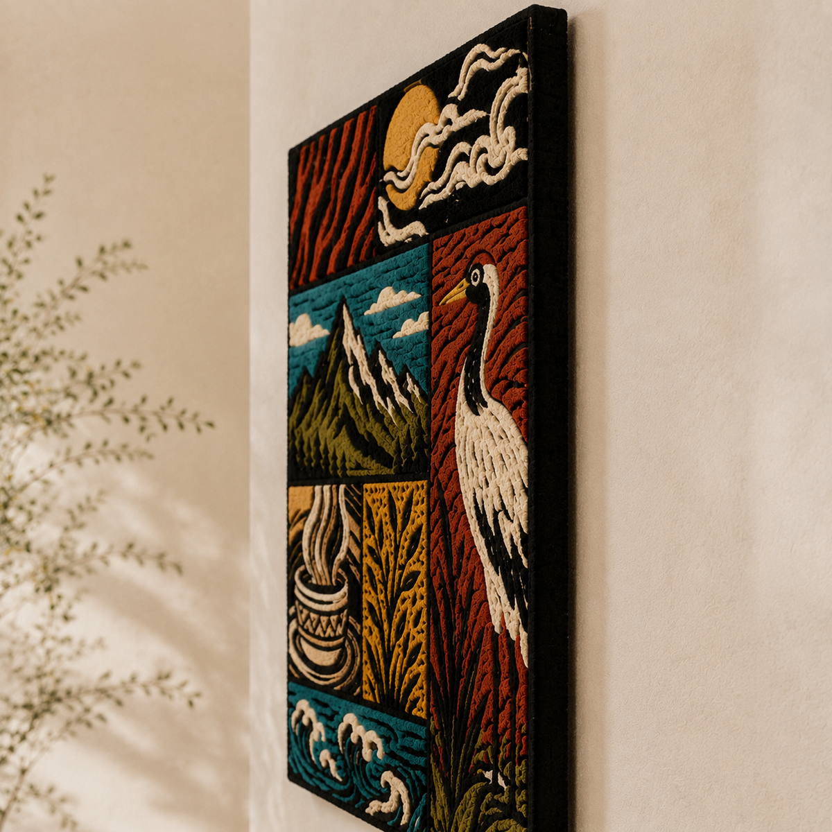 Woodcut crane wall art by Hewn Earth featuring a detailed black and white bird design on textured paper.