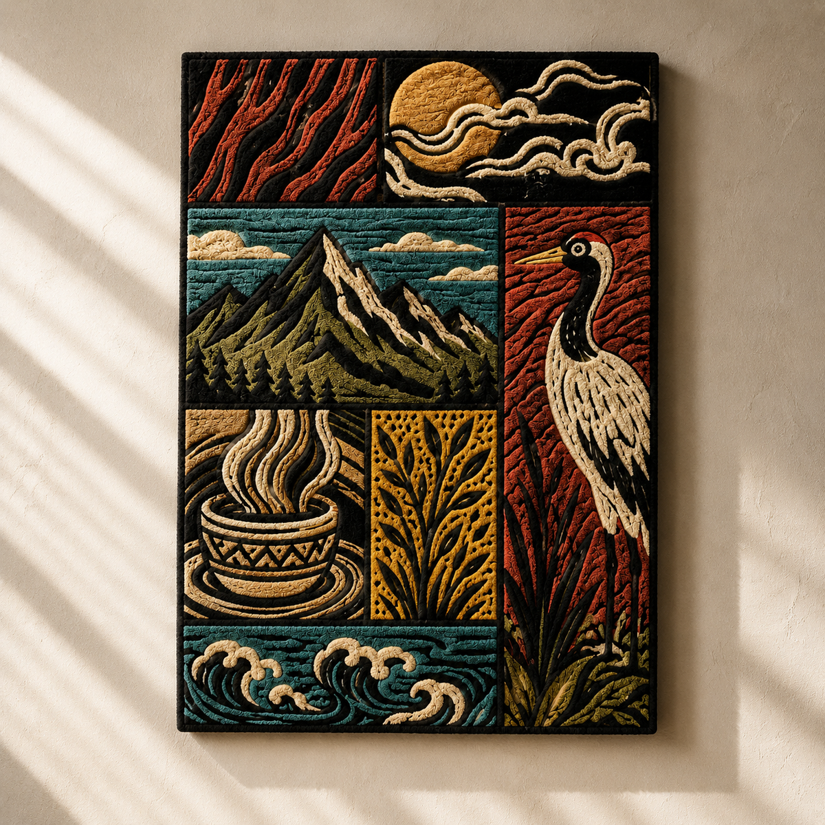 Woodcut crane wall art by Hewn Earth featuring a detailed black and white illustration of a crane perched on a branch.