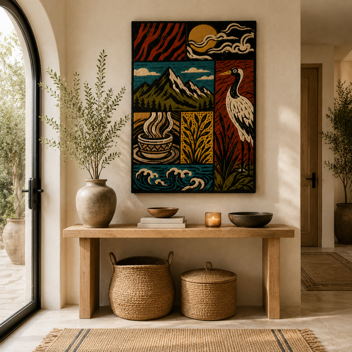 Woodcut crane wall art by Hewn Earth featuring a detailed black and white image of a crane bird on textured paper.
