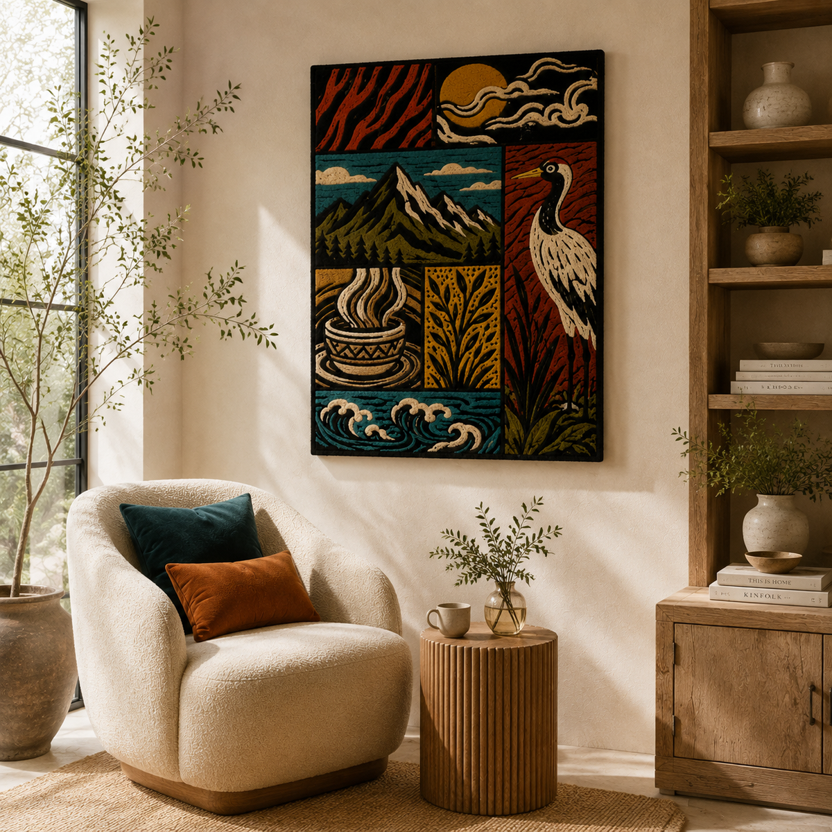 Hewn Earth Woodcut Crane wall art featuring a detailed wooden crane design on a natural wood background.