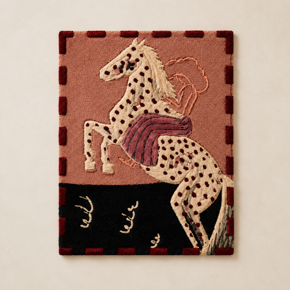 Hewn Earth Folk Horse Rearing wall art, detailed black and white illustration of a rearing horse on a textured background.