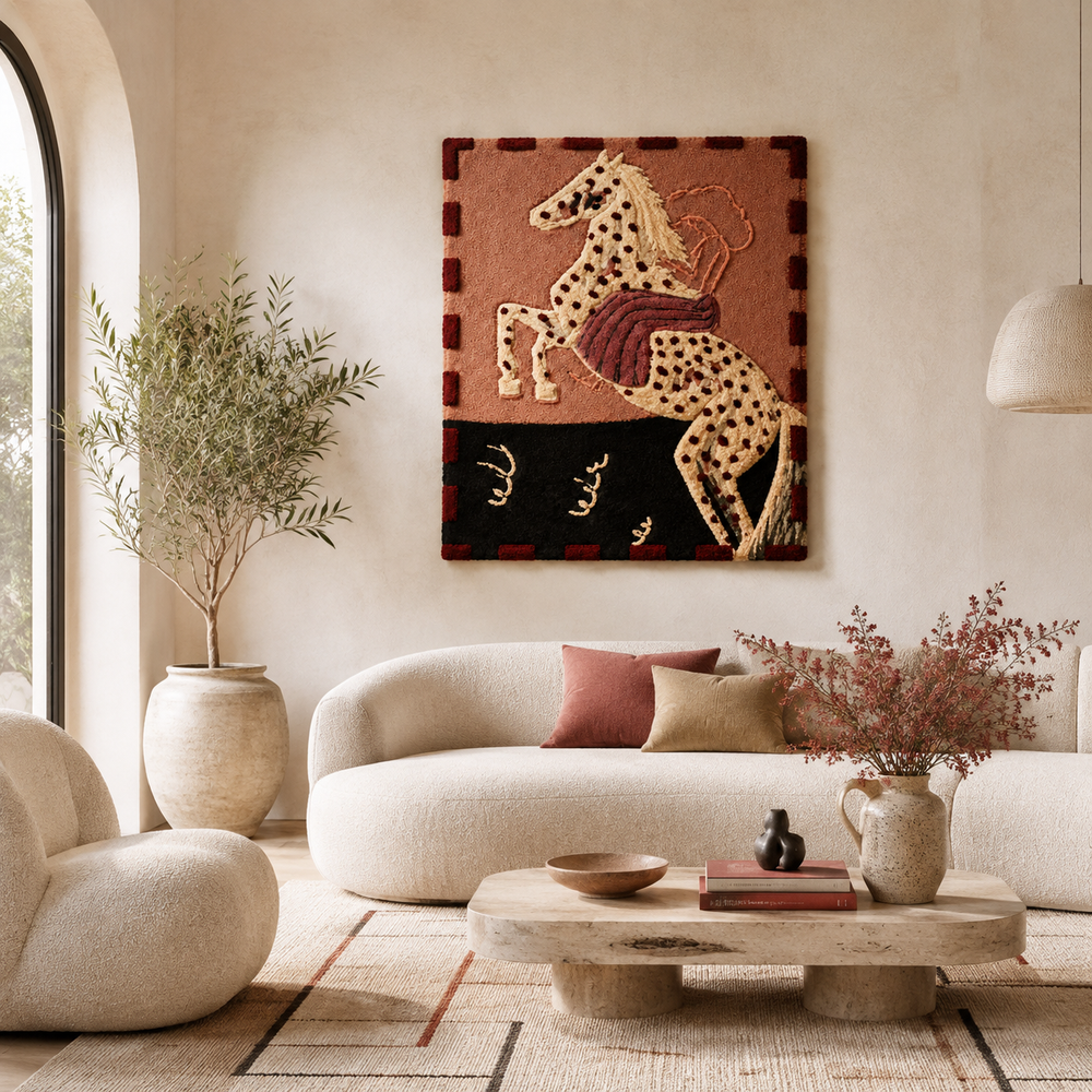 Hewn Earth Folk Horse Rearing wall art print showcasing a detailed horse illustration on a neutral background.