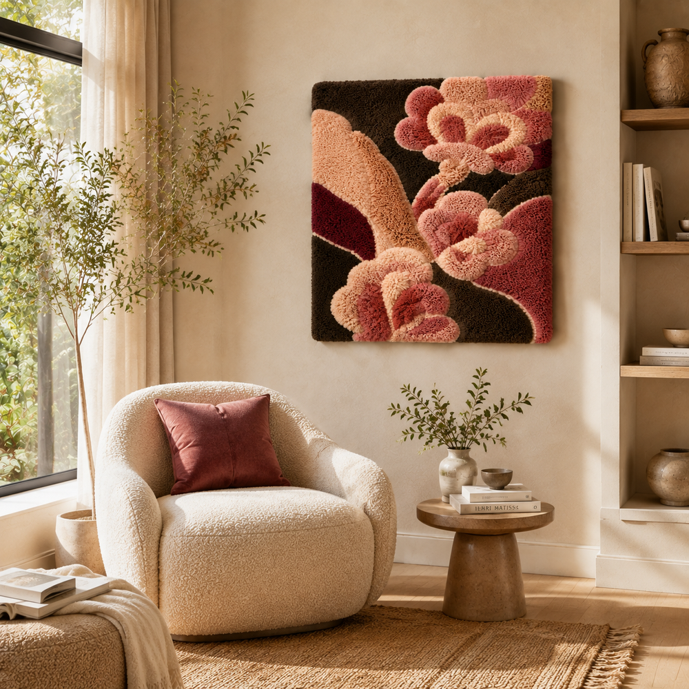 Wall art featuring a pink peony cluster by Hewn Earth, showcasing vibrant pink flowers and lush green leaves on a neutral background.