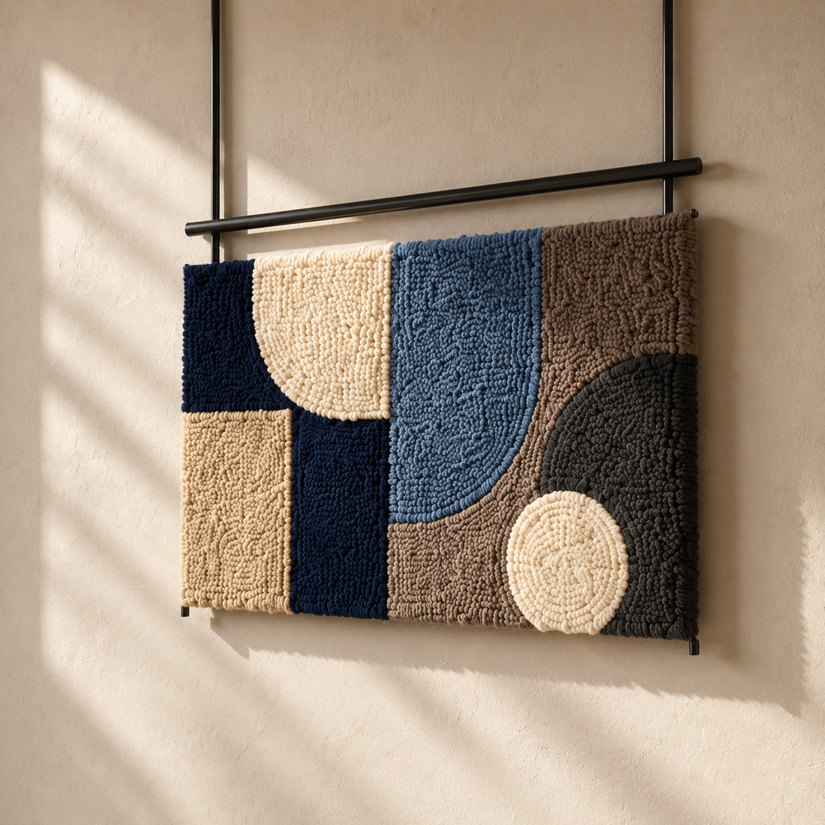 Navy Cipher Runner wall art by Hewn Earth featuring abstract navy and white geometric patterns on a textured background.