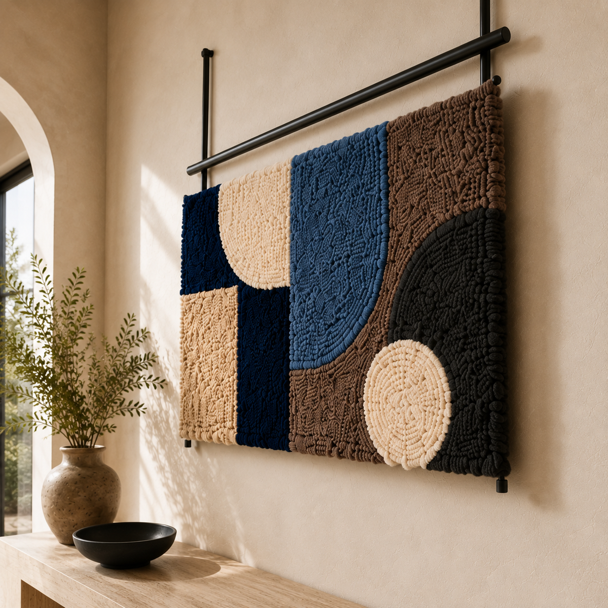Navy Cipher Runner wall art by Hewn Earth featuring abstract navy blue geometric patterns on a textured background.