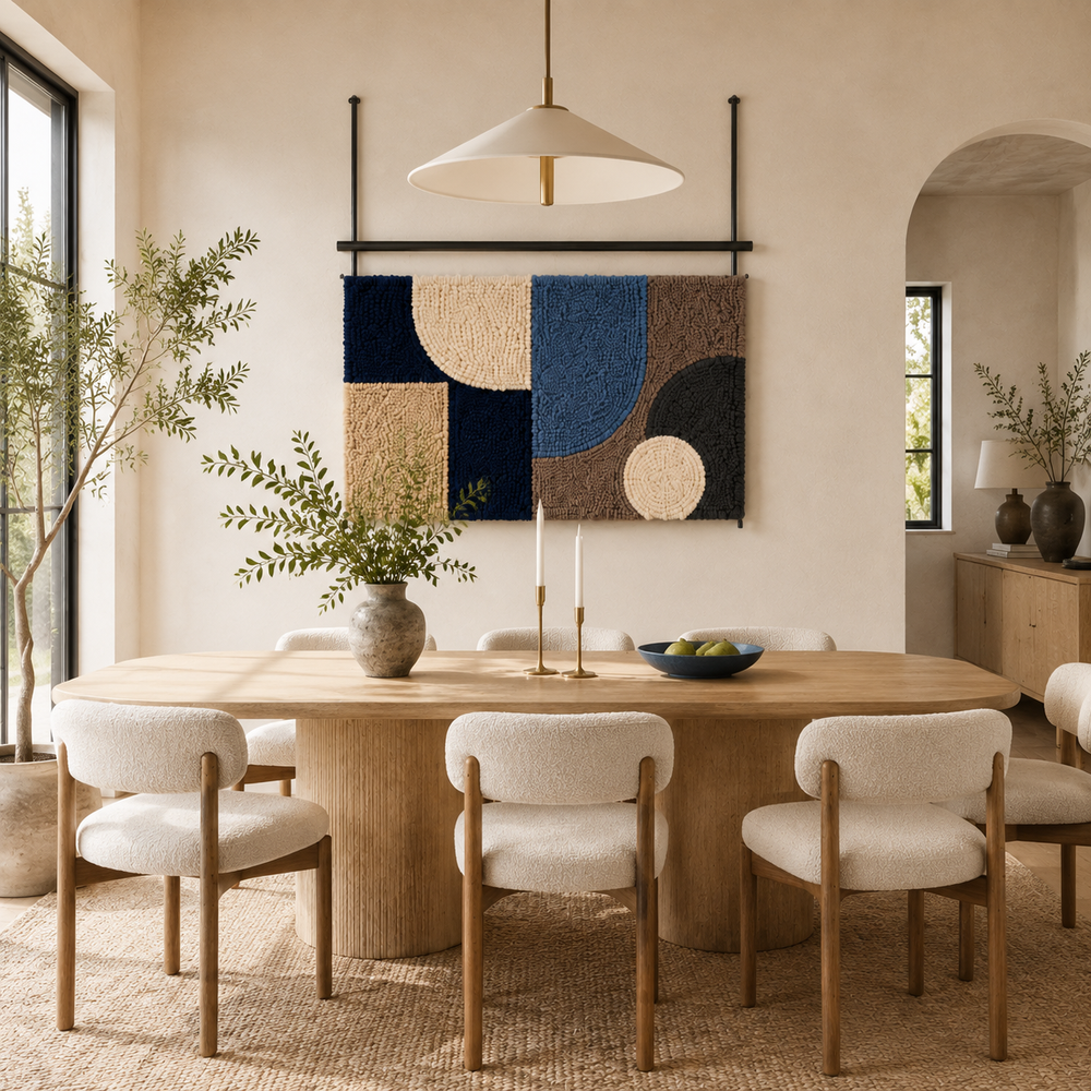 Navy Cipher Runner wall art by Hewn Earth featuring abstract geometric design on a navy background.
