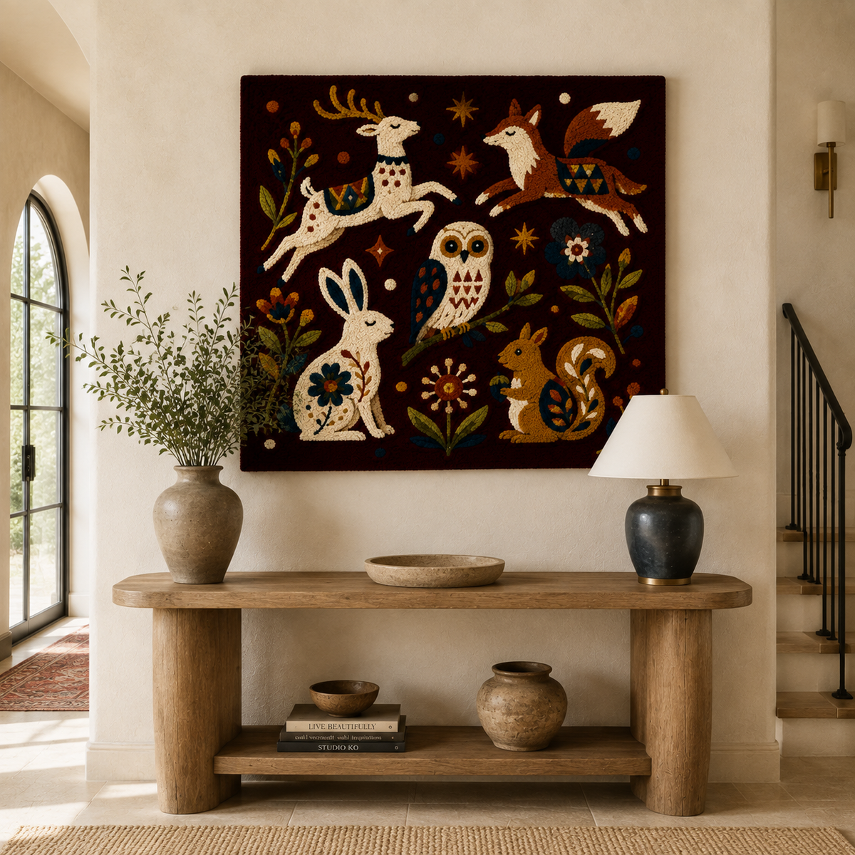 Hewn Earth Midnight Menagerie wall art featuring intricate black and white animal illustrations on a textured background.