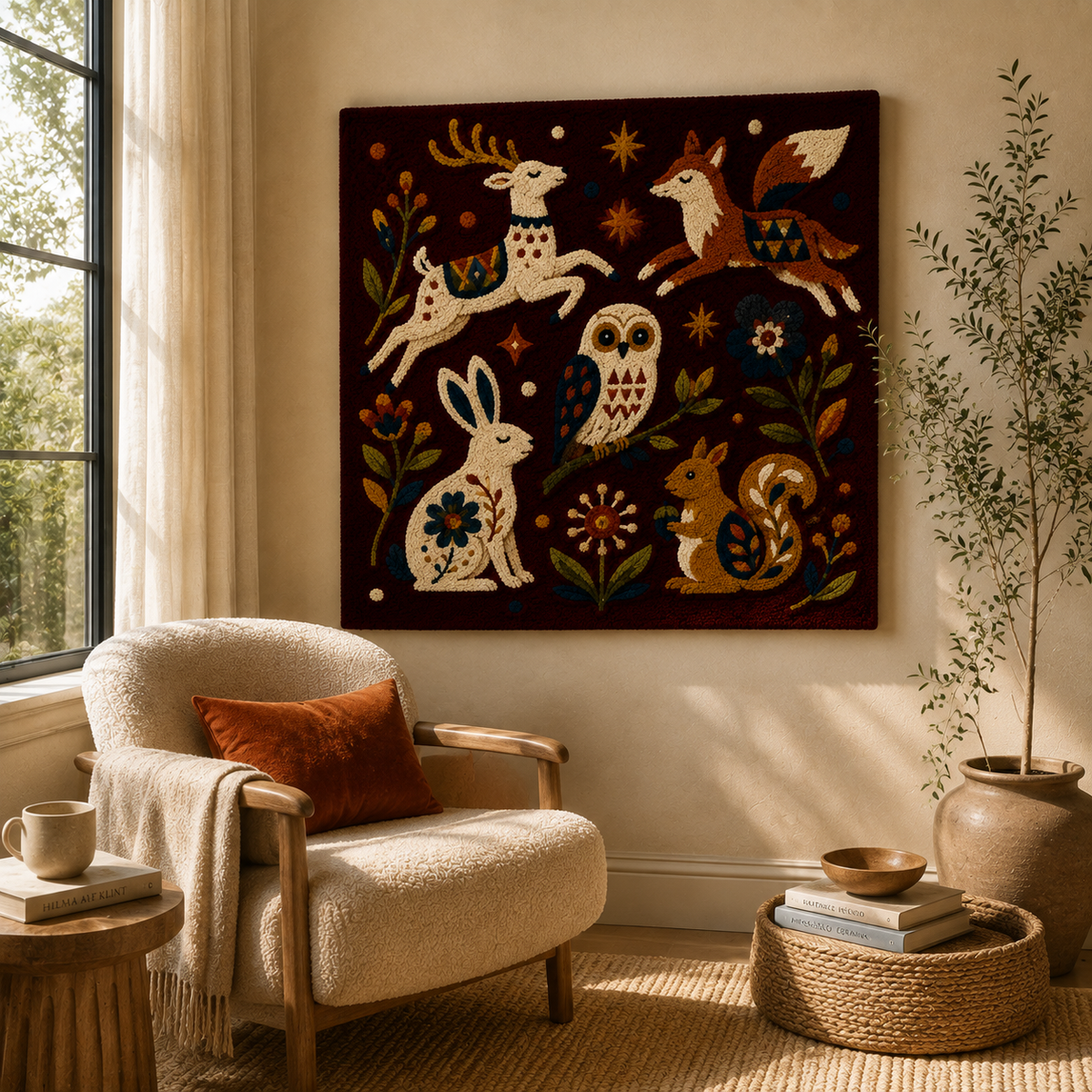 Hewn Earth Midnight Menagerie wall art featuring intricate animal illustrations on a dark background