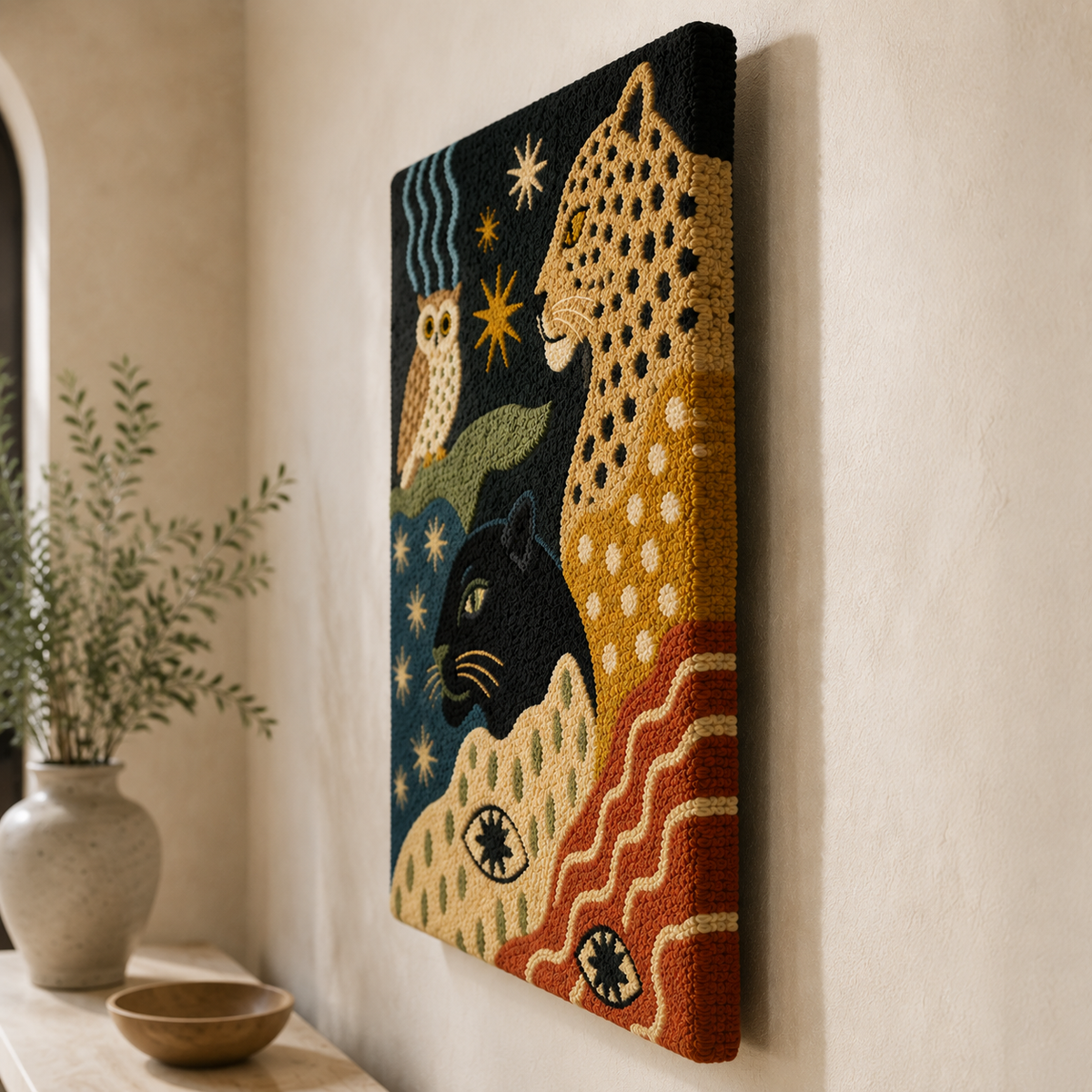 Folk leopard and owl wall art by Hewn Earth featuring colorful, intricate folk-inspired animal designs on a wooden background.