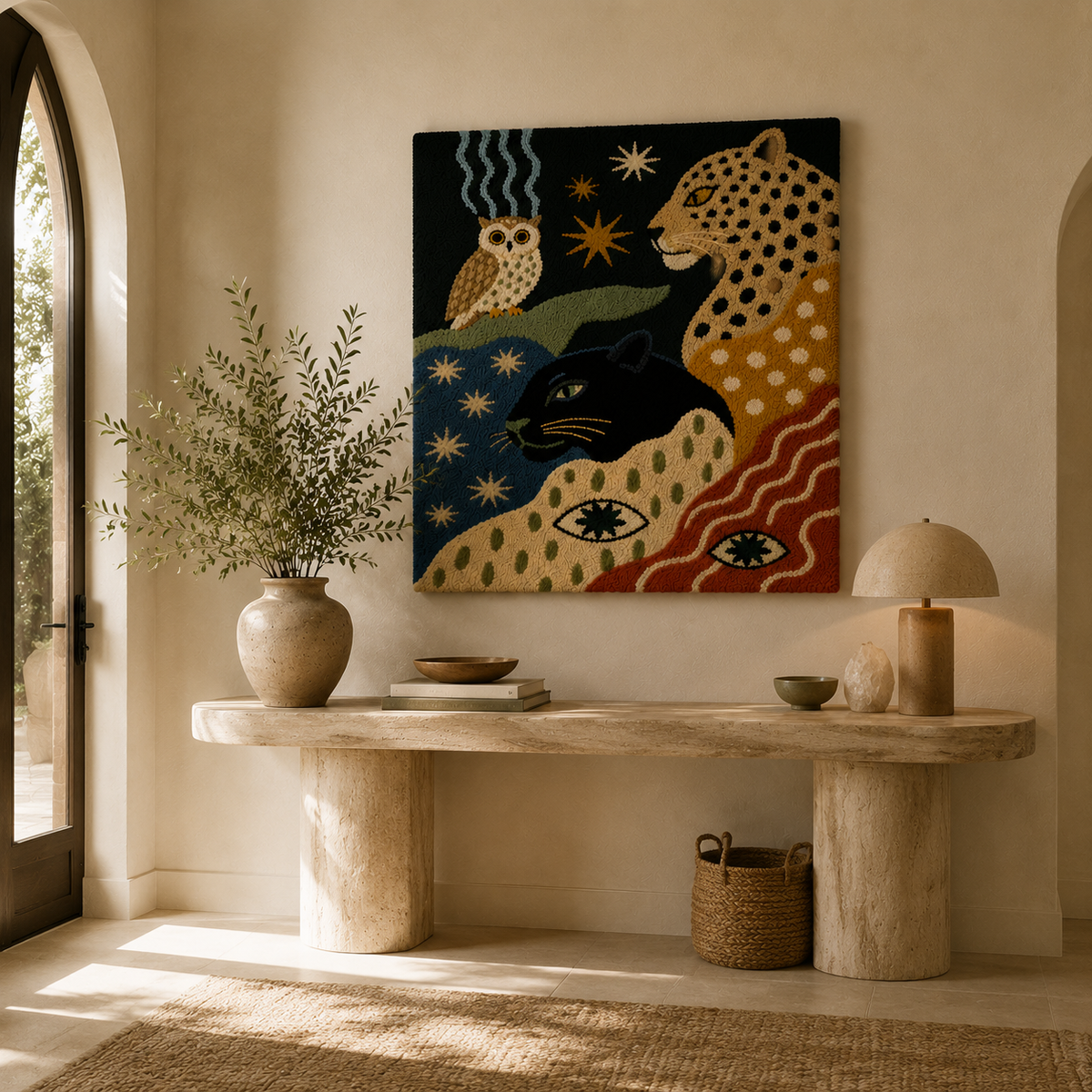 Hewn Earth Folk Leopard and Owl wall art featuring detailed illustrations of a leopard and owl on textured background