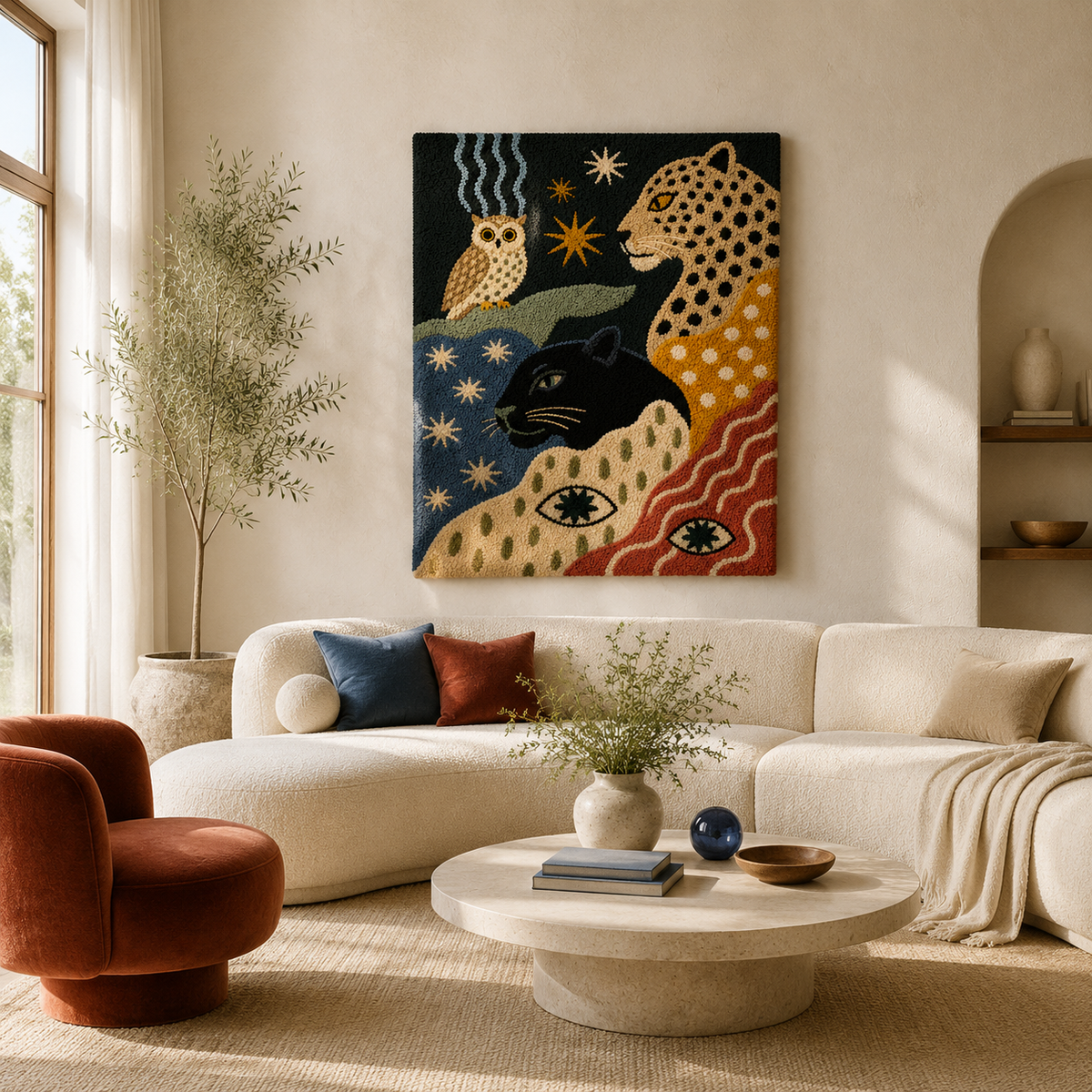 Hewn Earth Folk Leopard and Owl wall art print featuring detailed illustrations of a leopard and owl on a neutral background.