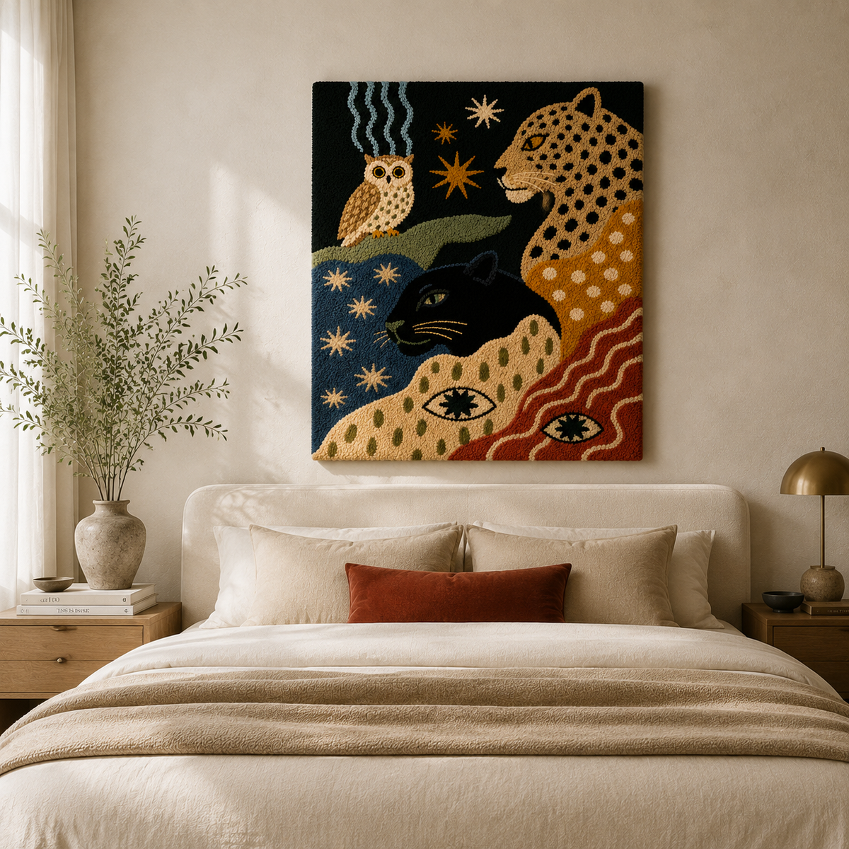 Hewn Earth Folk Leopard and Owl wall art, colorful nature-inspired illustration featuring leopard and owl motifs.