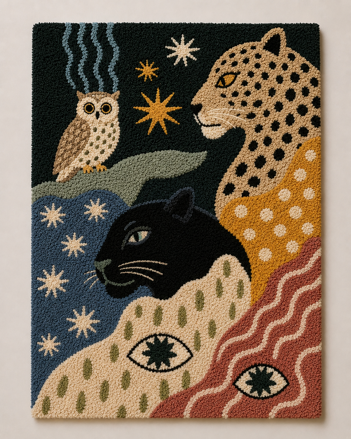 Hewn Earth Folk Leopard and Owl wall art featuring detailed animal illustrations in a natural, artistic style.