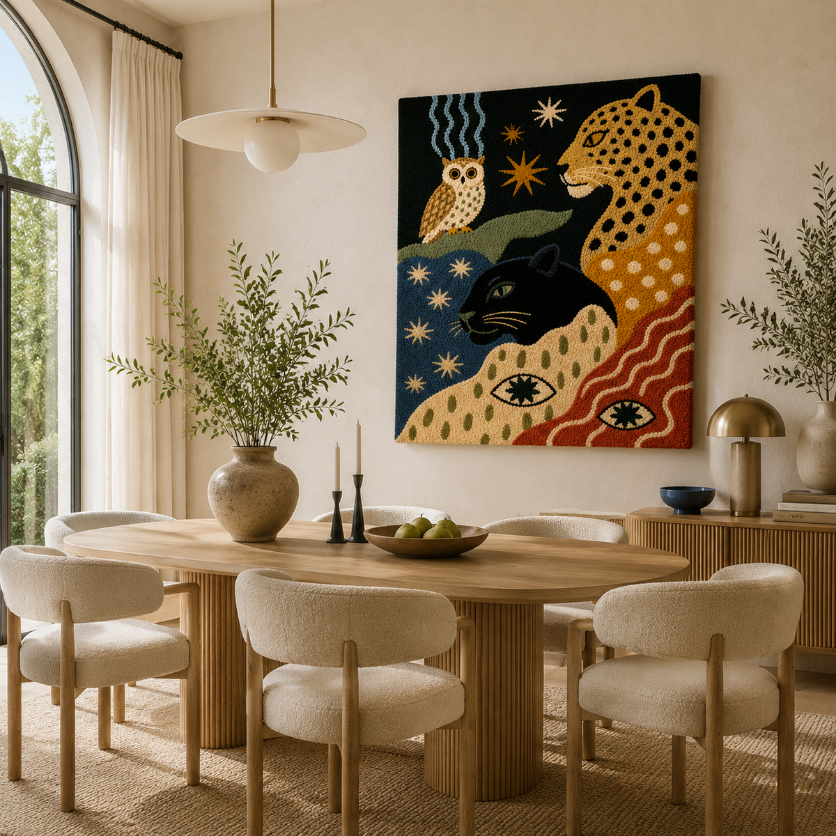 Hewn Earth Folk Leopard and Owl wall art featuring detailed illustrations of a leopard and owl in natural tones.
