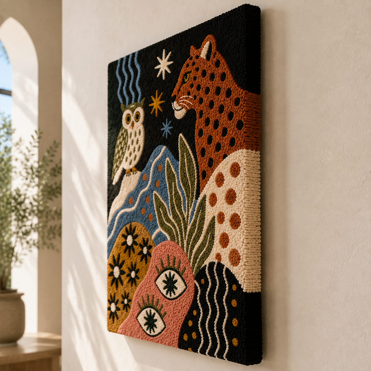 Mystical Menagerie wall art by Hewn Earth featuring vibrant, detailed animal illustrations on a decorative canvas.