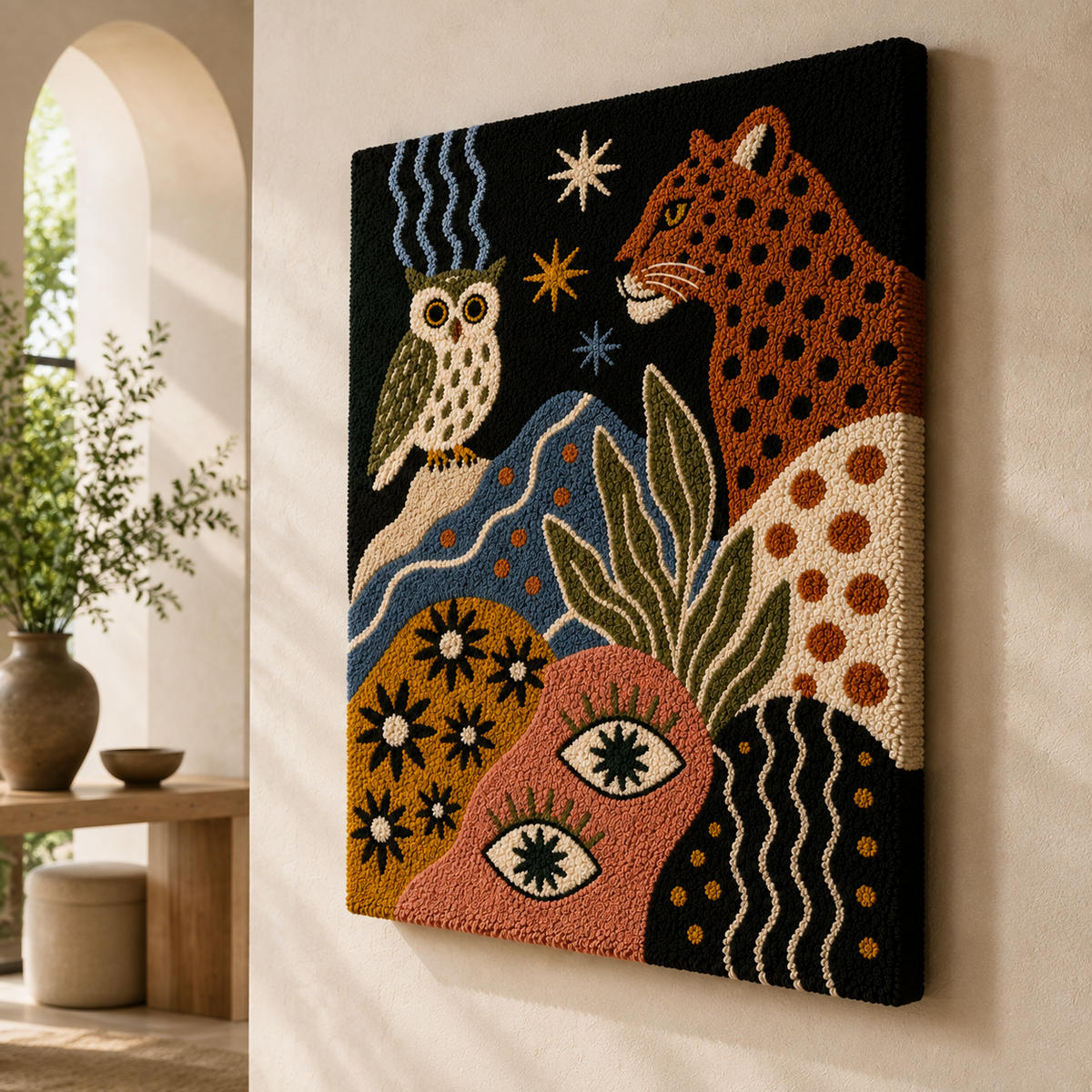 Hewn Earth Mystical Menagerie HE-0224 wall art featuring intricate mythical creature illustration on textured background.