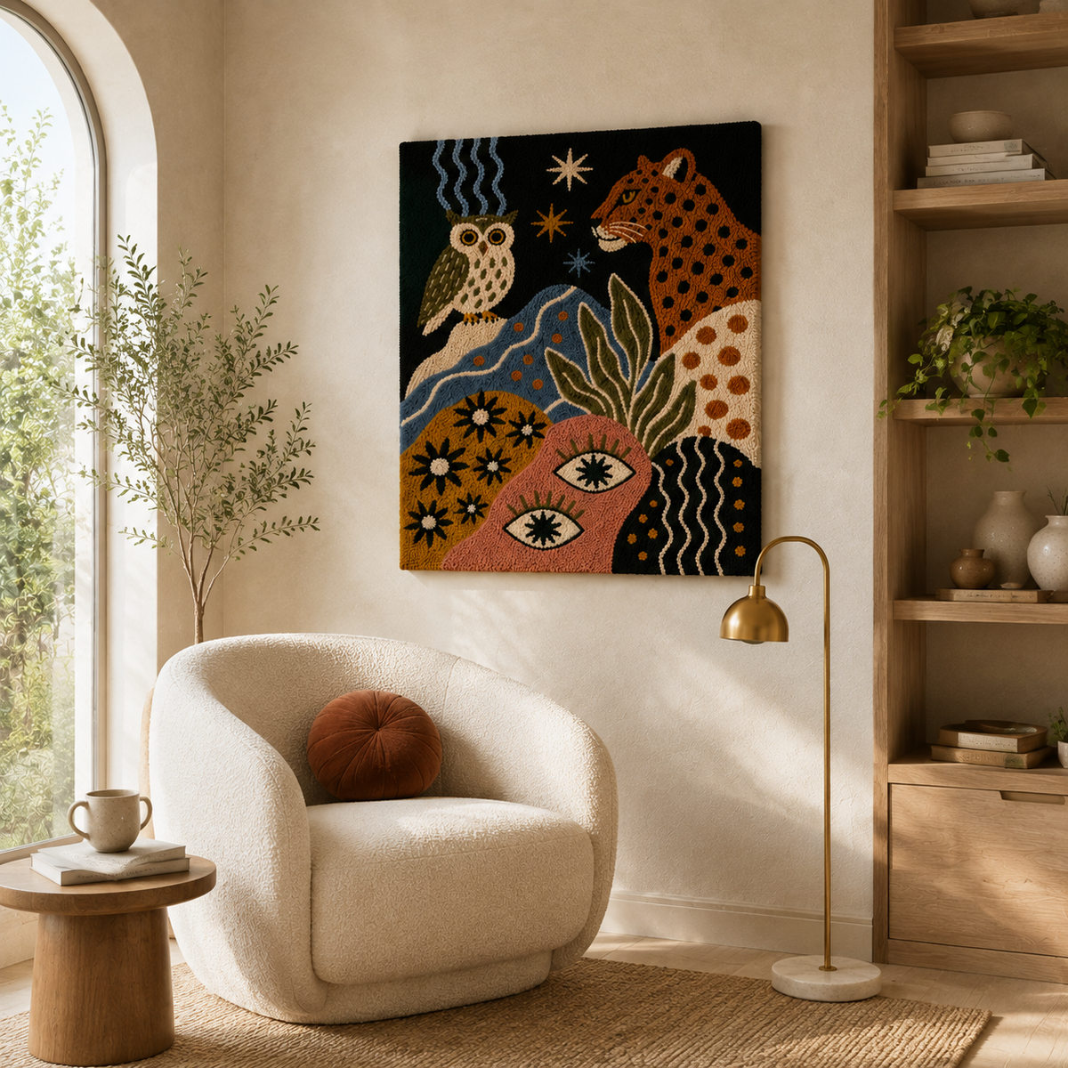 Hewn Earth Mystical Menagerie wall art featuring intricate animal illustrations on a textured background