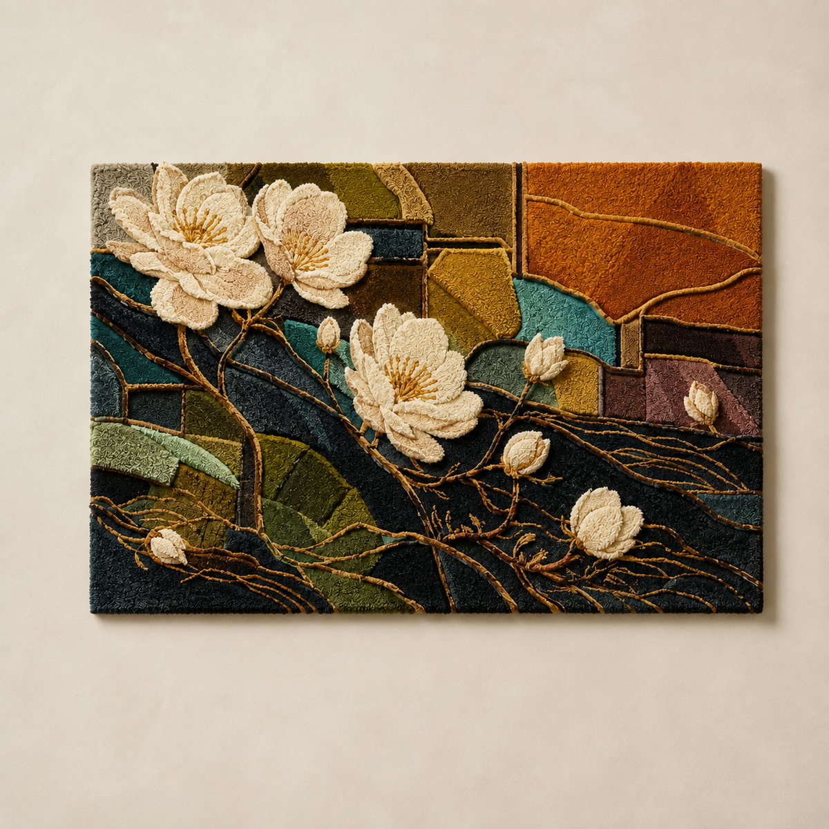 Magnolia mosaic wall art by Hewn Earth featuring a vibrant floral design with intricate mosaic details.