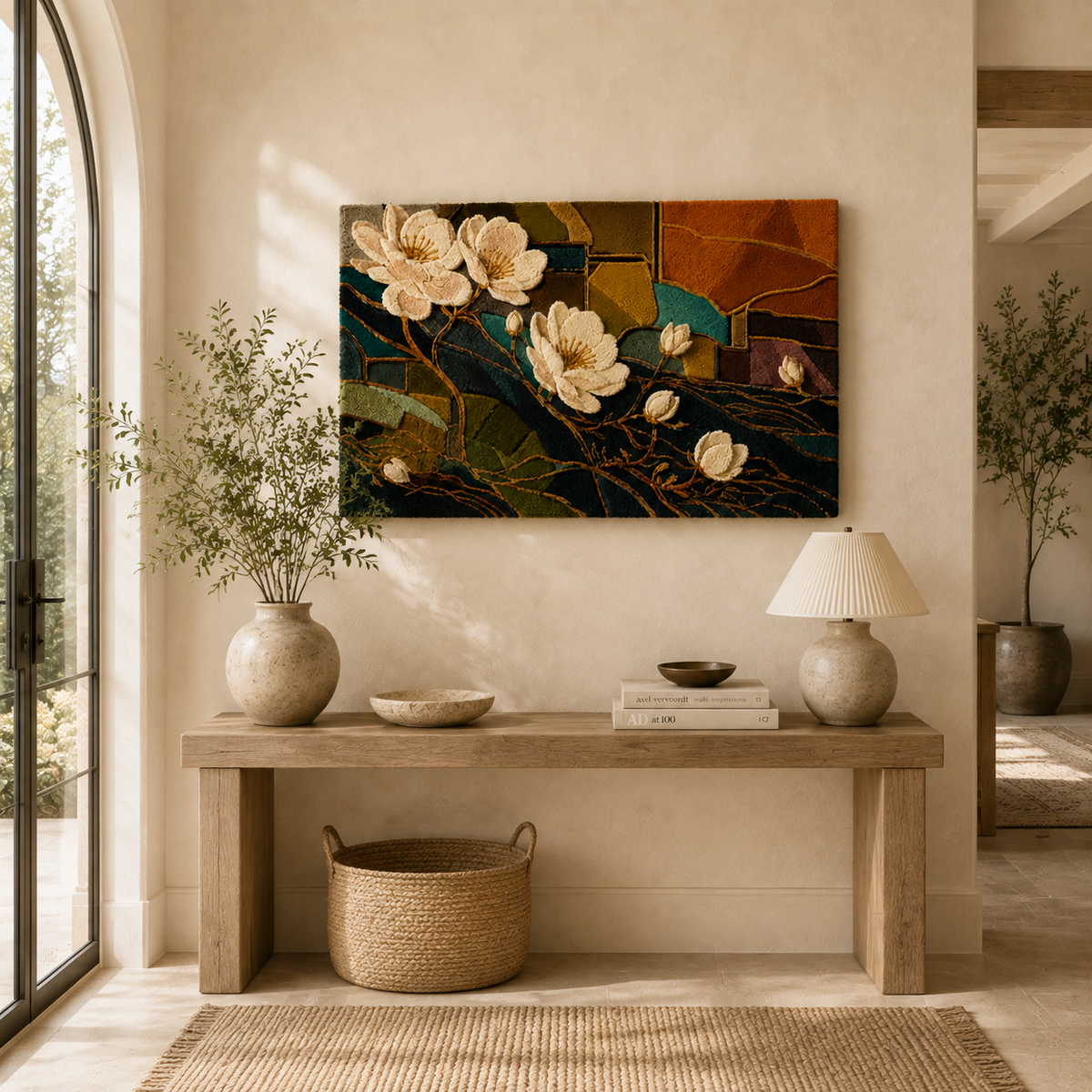 Magnolia Mosaic wall art by Hewn Earth featuring a colorful floral mosaic design on a textured canvas.