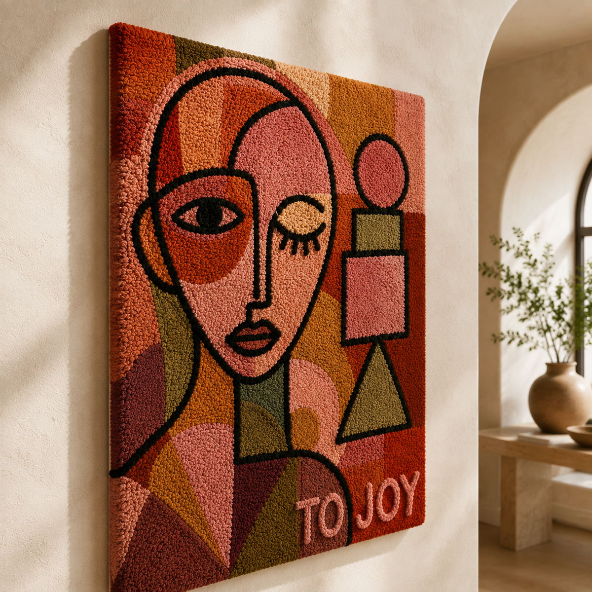 Hewn Earth To Joy Cubist wall art, abstract geometric design in neutral tones, modern home decor piece.