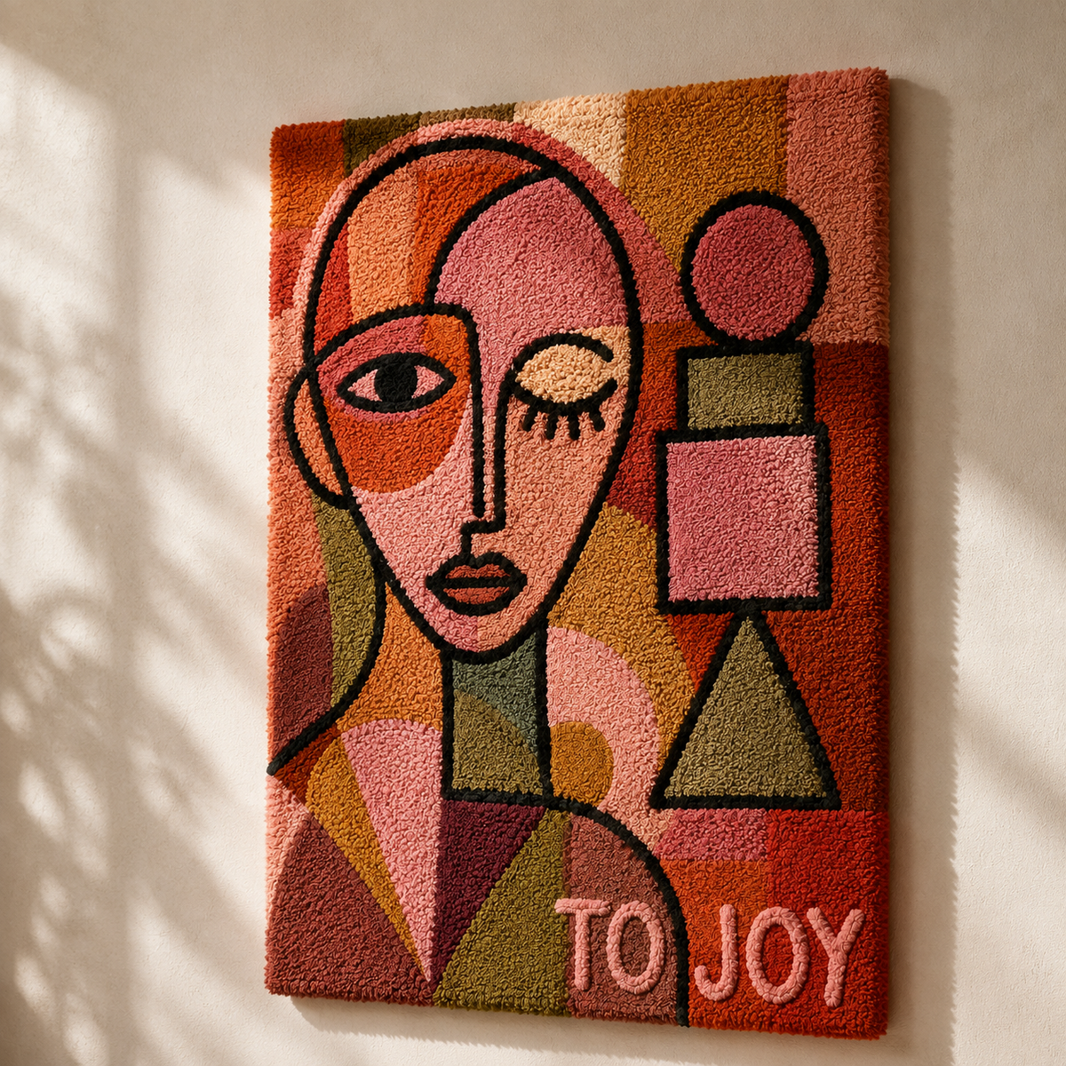 Hewn Earth To Joy Cubist wall art piece, abstract geometric design in vibrant colors, suitable for modern home decor.
