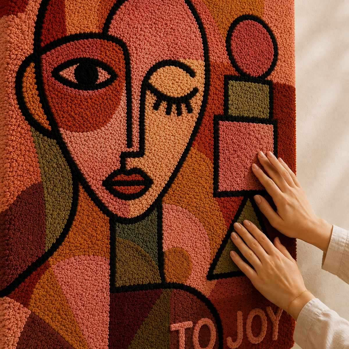 Hewn Earth To Joy Cubist wall art piece featuring geometric shapes and vibrant colors for modern home decor.