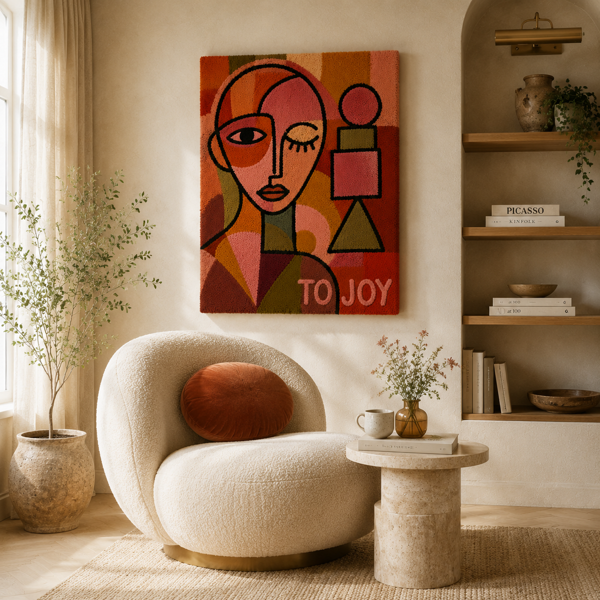 Hewn Earth To Joy Cubist wall art in vibrant colors, featuring geometric abstract shapes on a canvas.