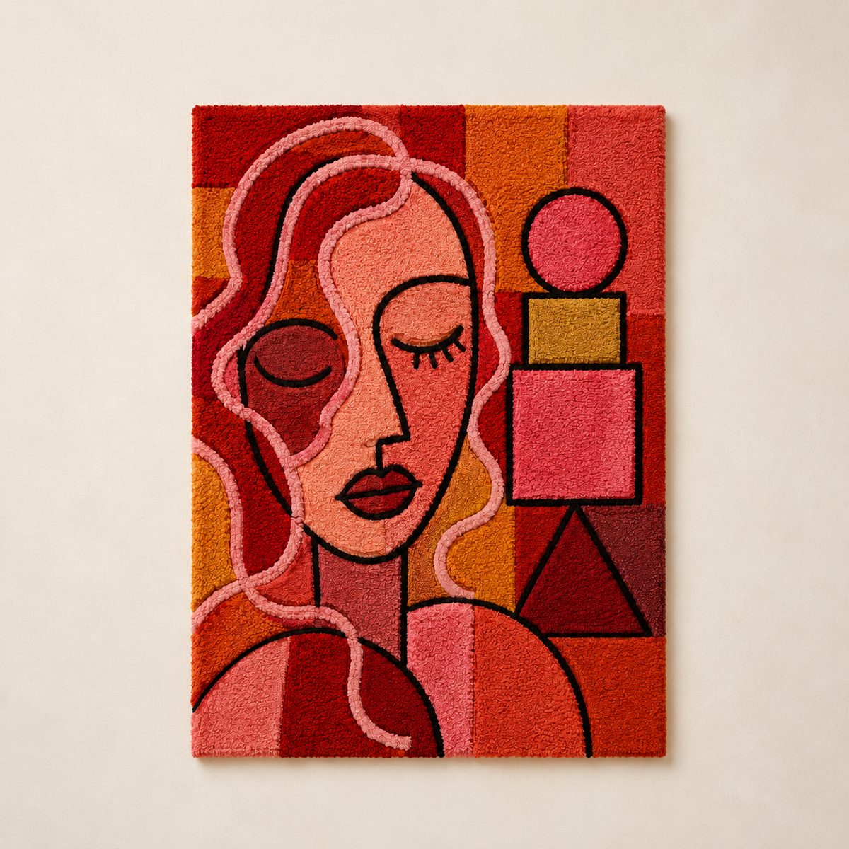 Red Cubist Woman wall art by Hewn Earth, featuring a vibrant abstract cubist female portrait on a white background.