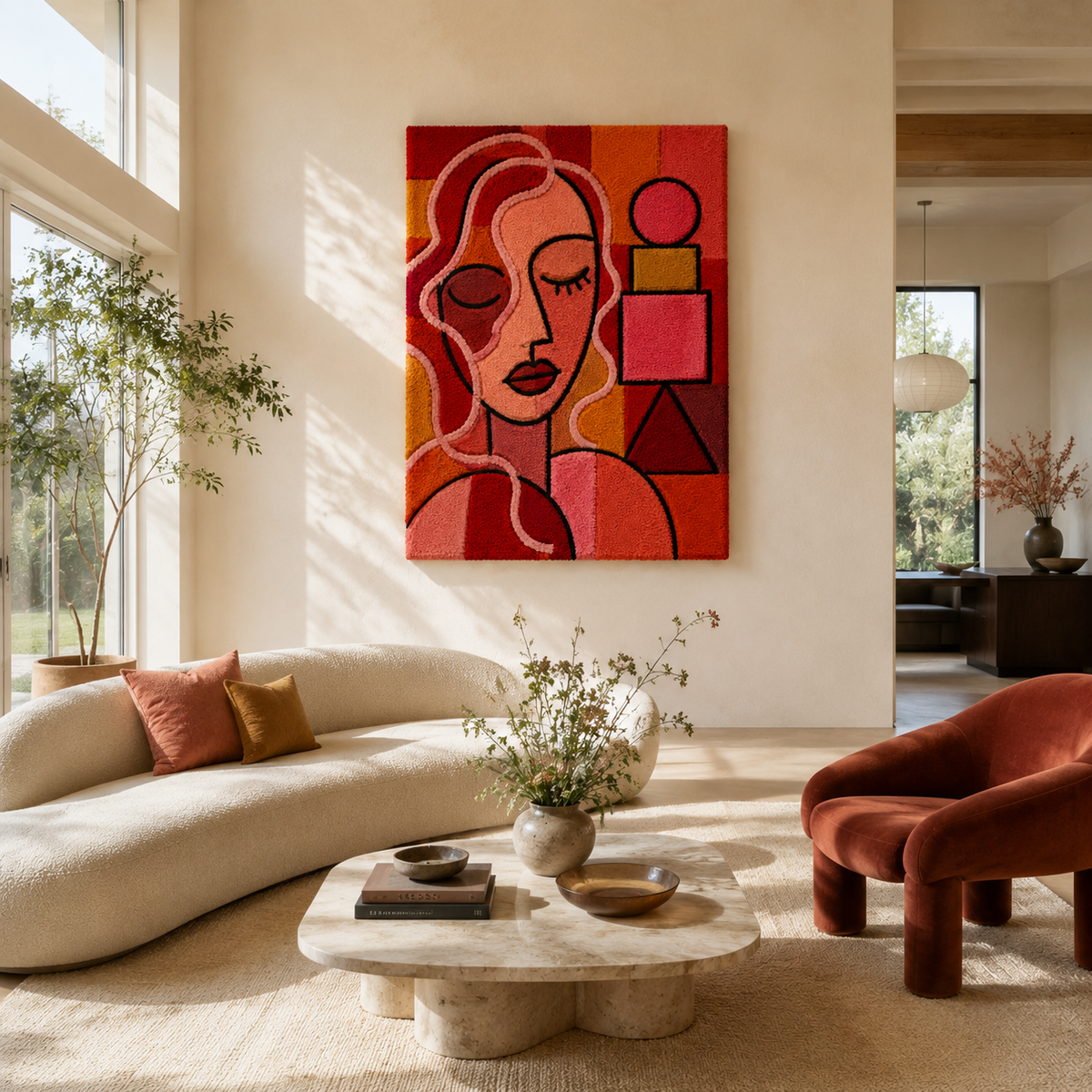 Red Cubist Woman wall art by Hewn Earth, featuring abstract geometric portrait on a vibrant canvas.