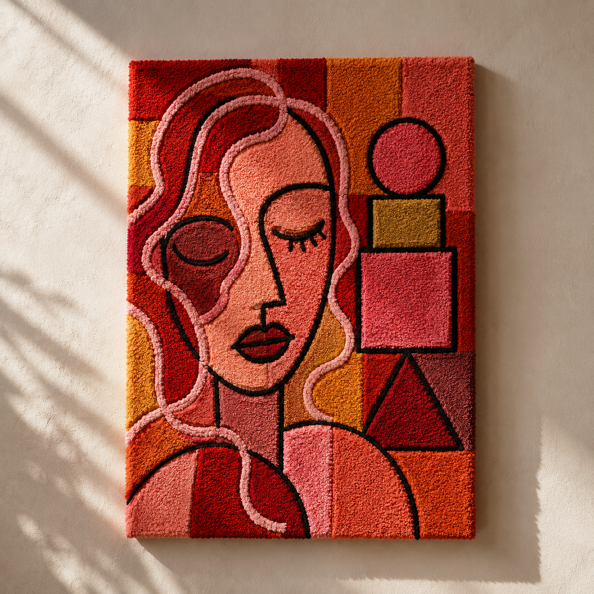 Red Cubist Woman wall art by Hewn Earth, featuring abstract geometric shapes in vibrant red tones, suitable for modern interior decor.